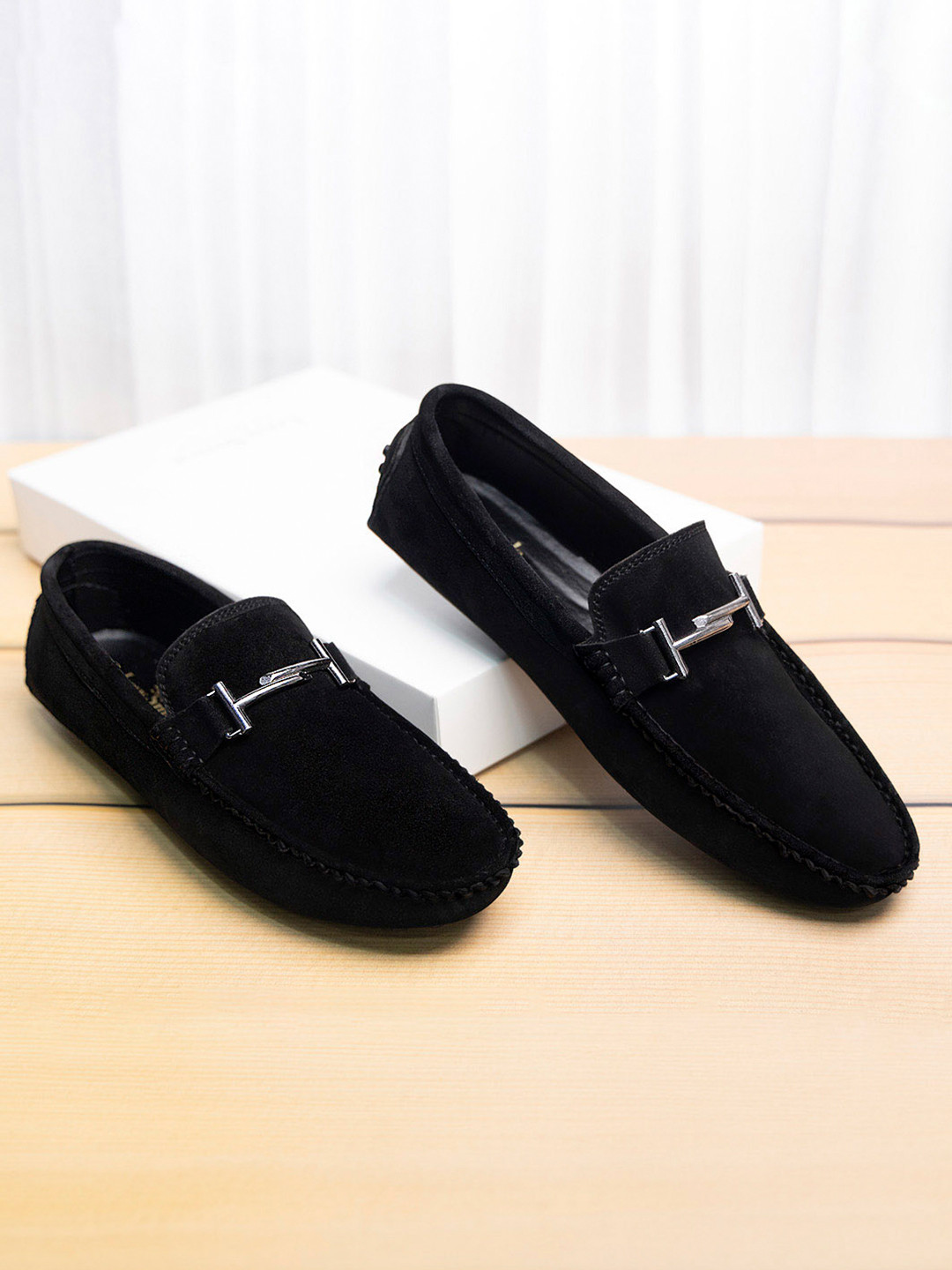 LOUIS STITCH Men Obsidian Black Italian Suede Leather Driving Loafers