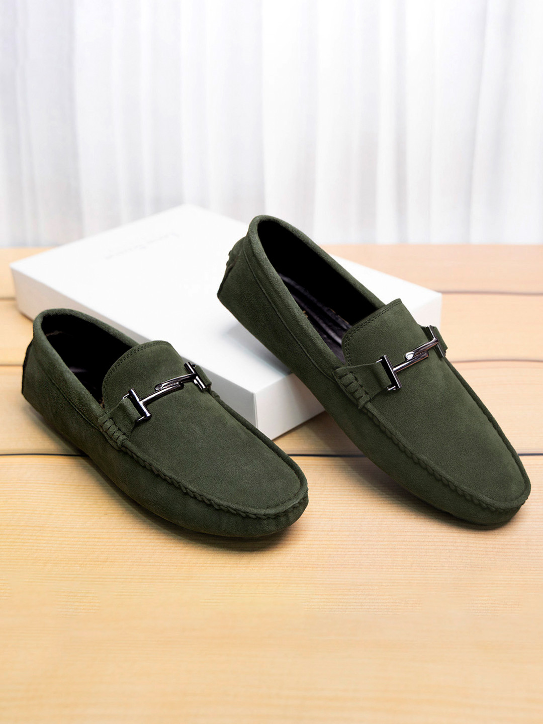LOUIS STITCH Men Seaweed Green Italian Suede Leather Handmade Driving Loafers