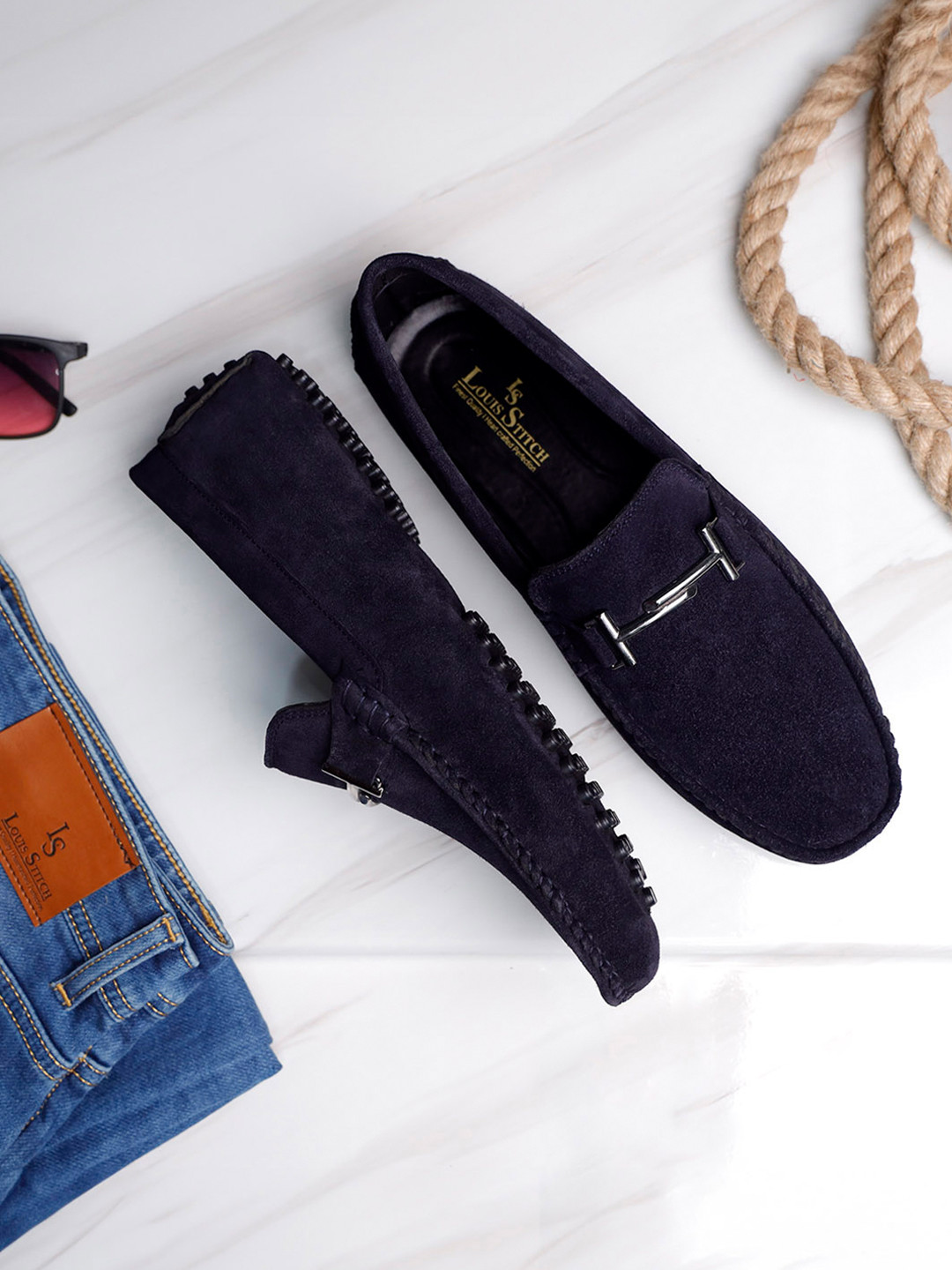 LOUIS STITCH Men Prussian Blue Italian Suede Leather Handmade Driving Loafers
