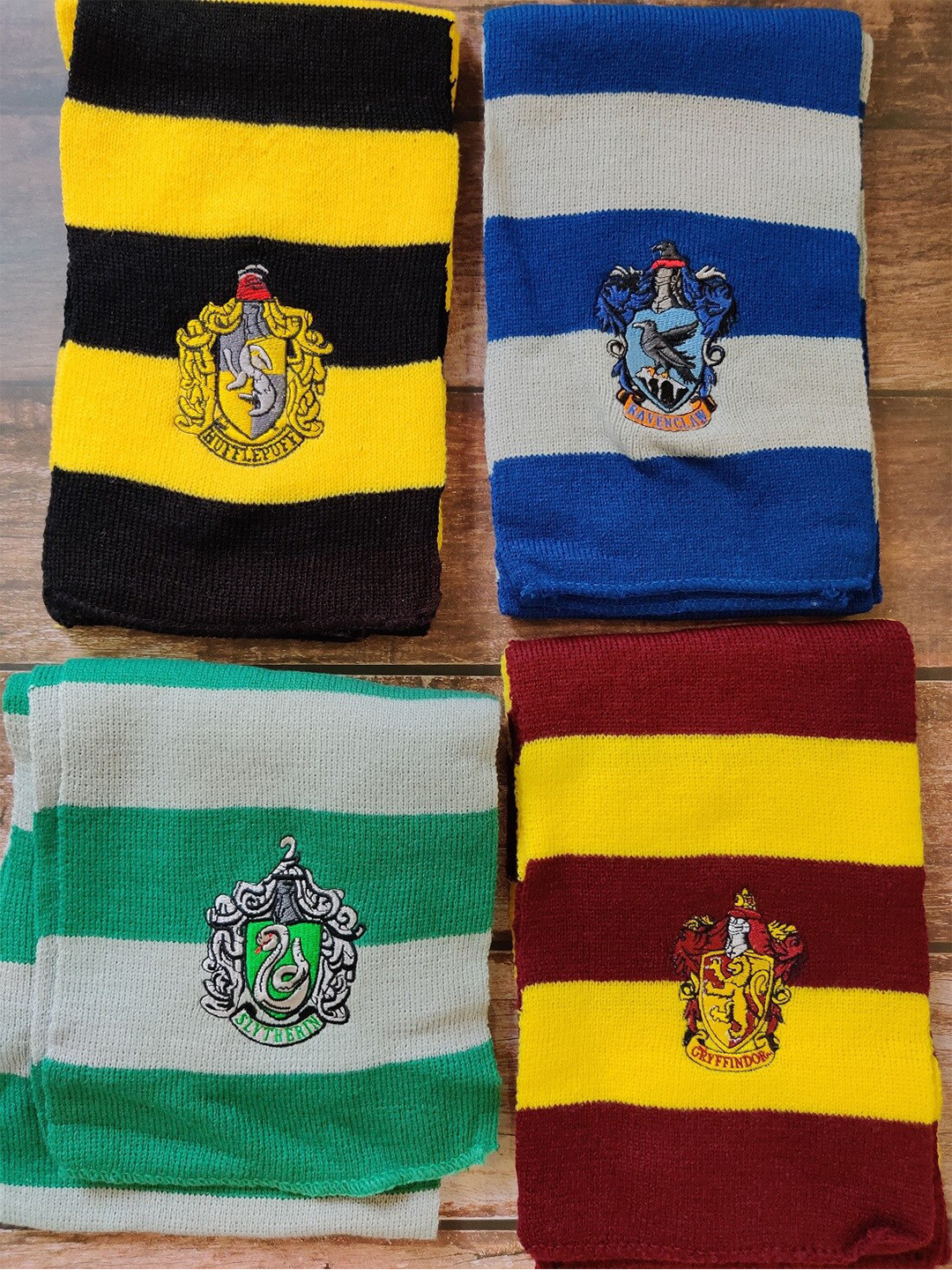 EL REGALO Unisex Pack of 4 Blue & Yellow Striped Harry Potter Acrylic Scarves