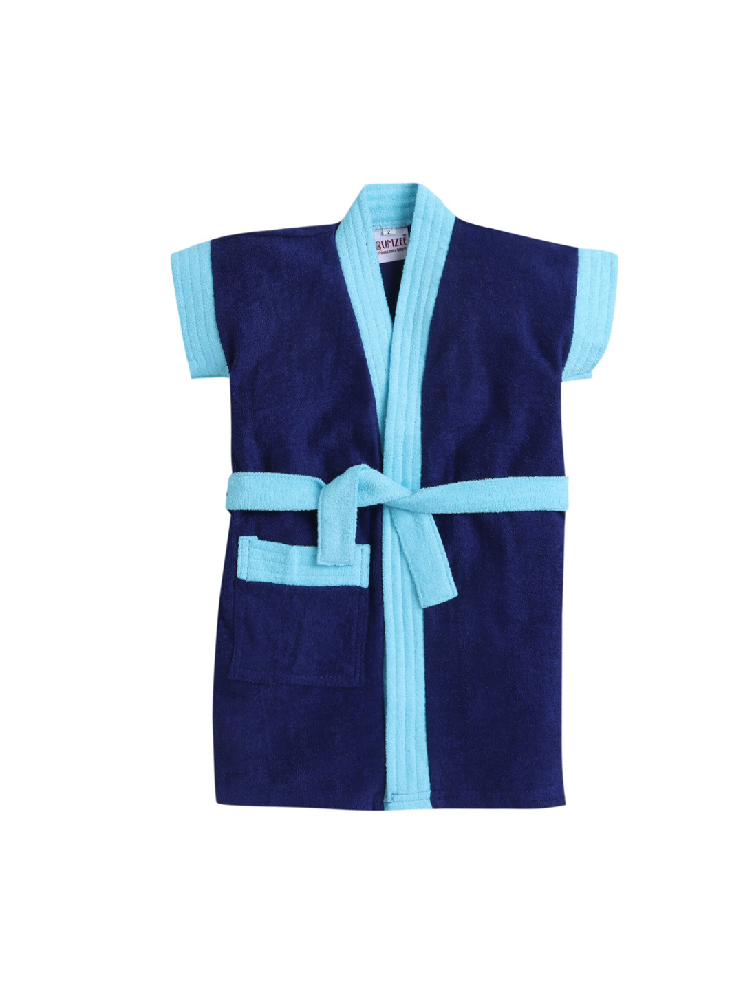 BUMZEE Navy Blue Solid Cotton Drawstring Knee Length Bath Robe-1-2Y