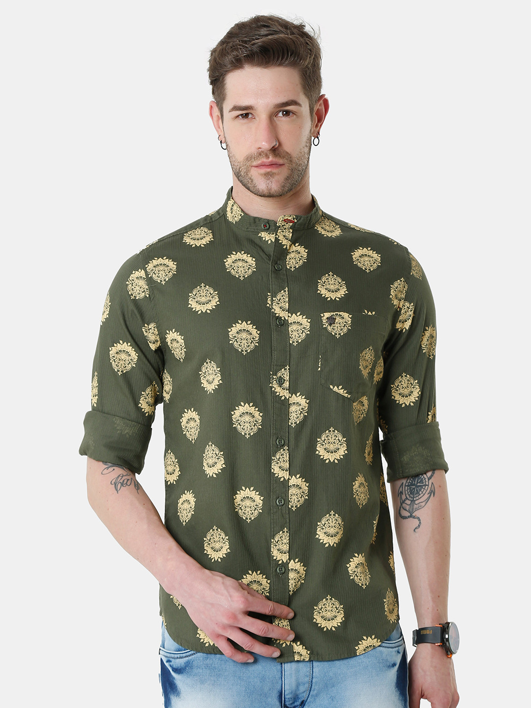 VUDU Men Olive Green Comfort Cotton Printed Casual Shirt