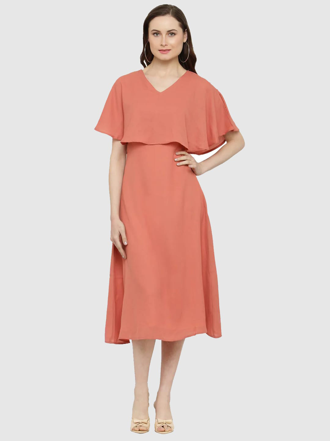 Magnetic Designs Peach-Coloured Crepe A-Line Midi Dress