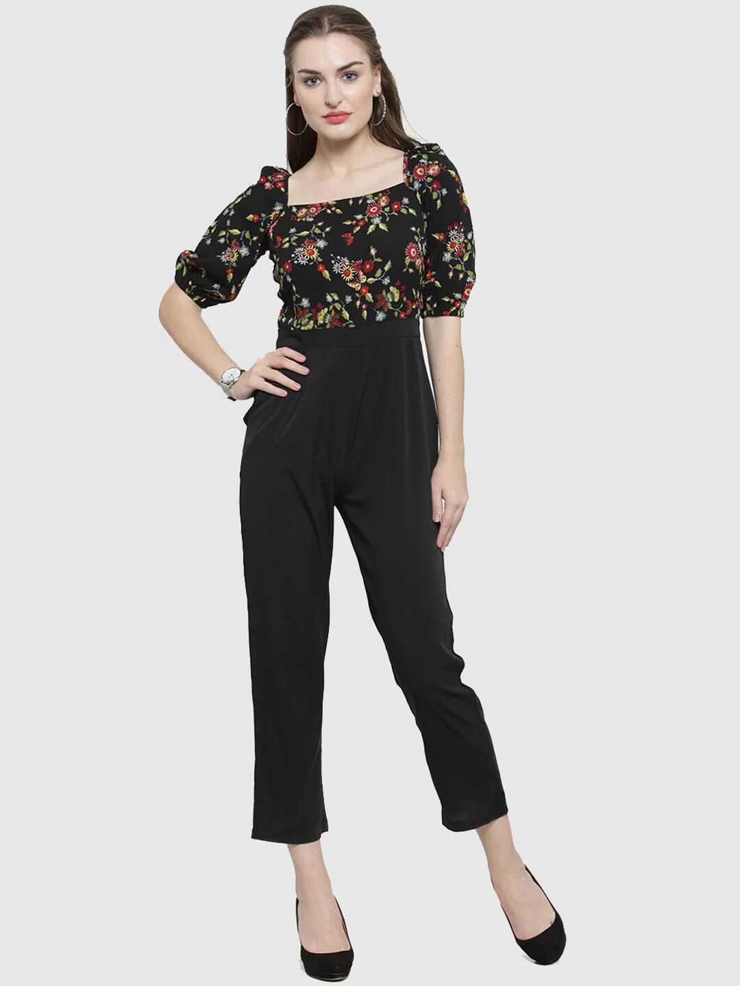 Magnetic Designs Blue & Red Floral Printed Puff Sleeves Basic Jumpsuit