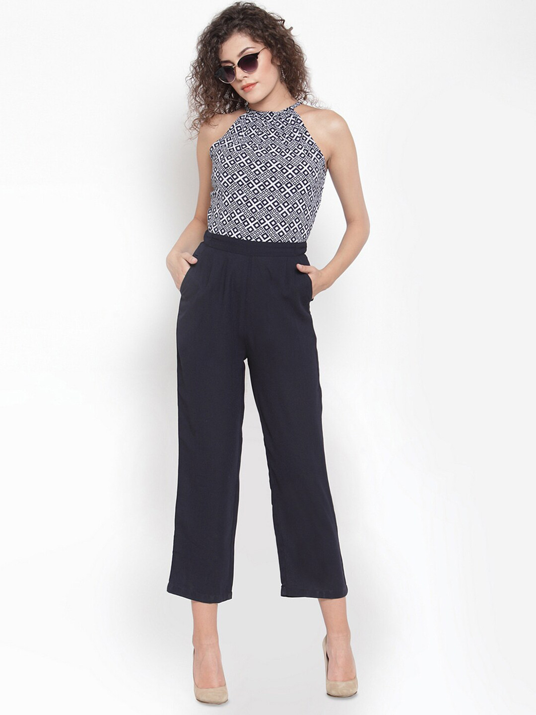 Magnetic Designs Blue & White Halter Neck Printed Basic Jumpsuit