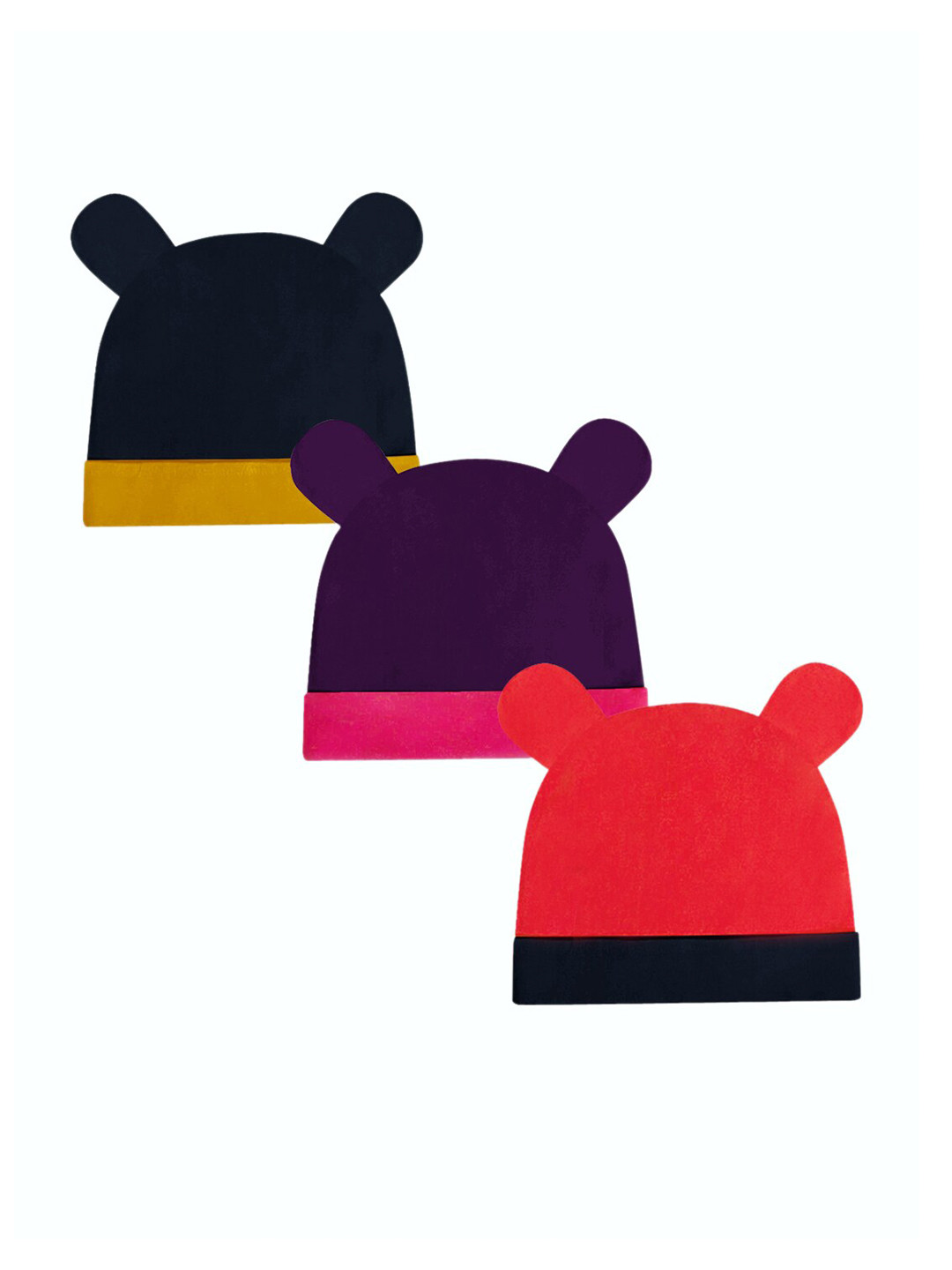 A.T.U.N. Infant Girls Pack of 3 Colourblocked Pure Cotton Beanies