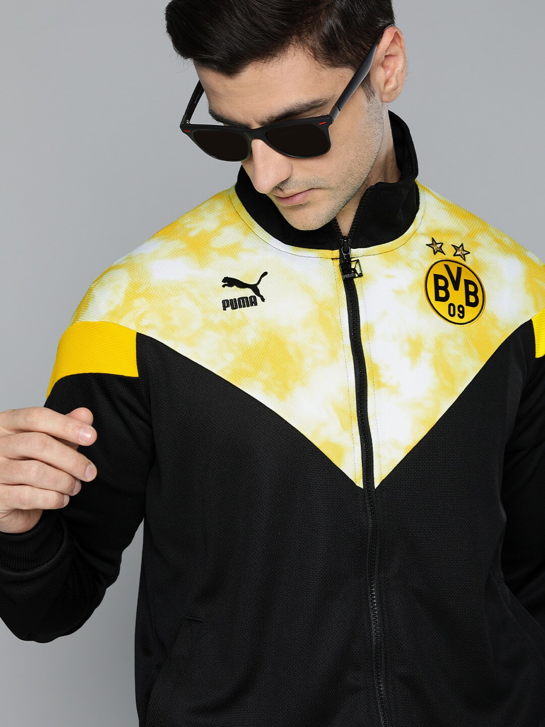 Puma Men Black And Yellow Colourblocked Mock-Collar DryCell  Football Jacket