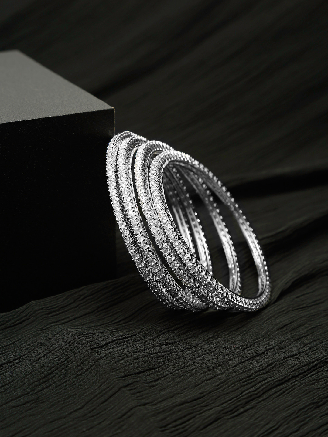 Yellow Chimes Set Of 4 Silver-Plated & White AD-Studded Bangles