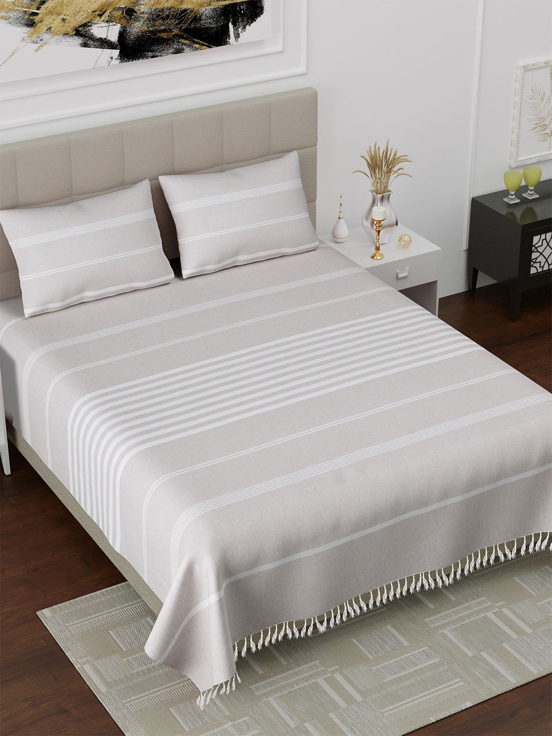 Varde Handloom Beige Striped Cotton 160 TC King Bedsheet with 2 Pillow Covers-90 x 100 inches