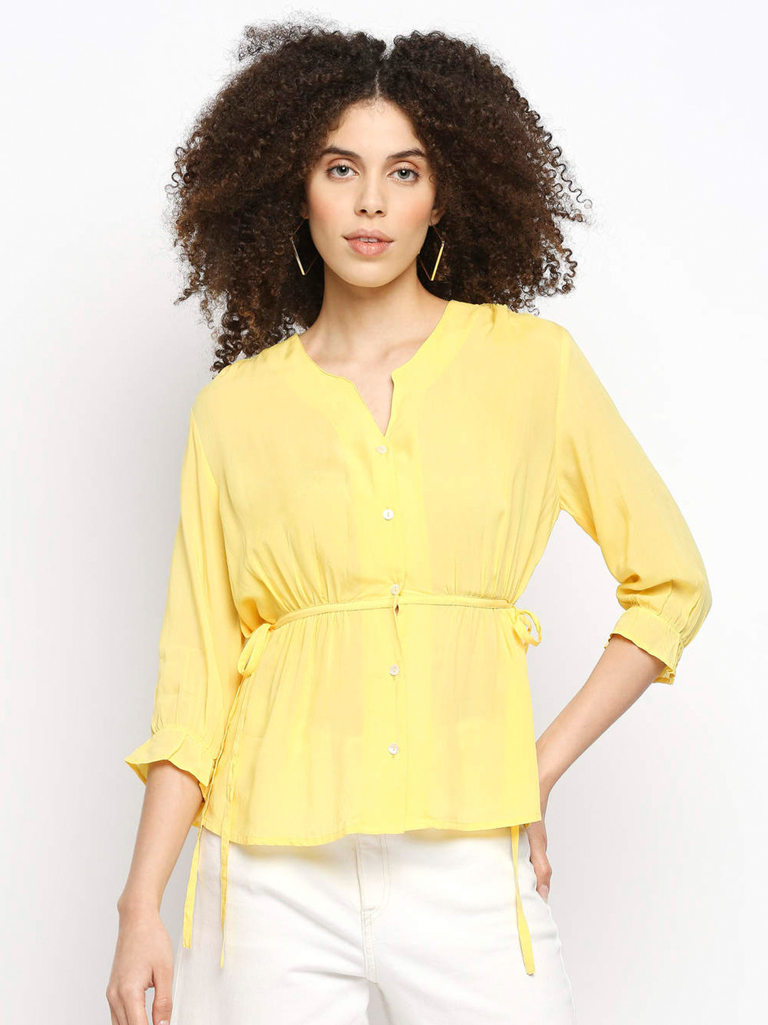 Pepe Jeans Yellow Mandarin Collar Cinched Waist Top