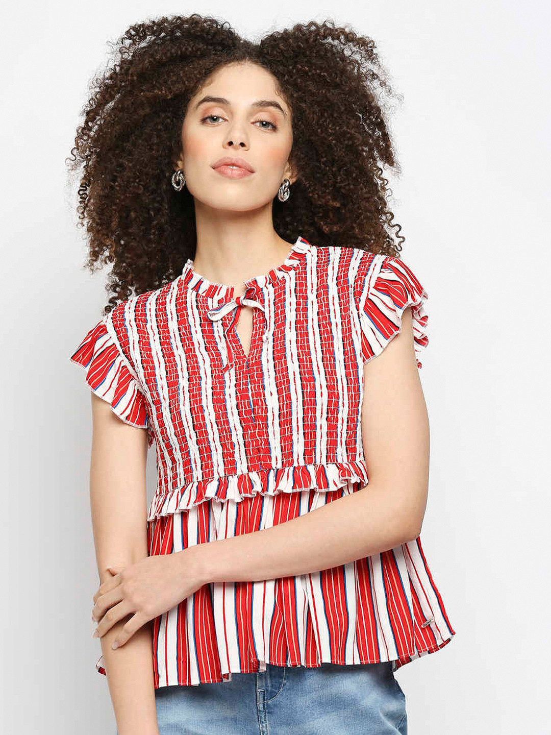 Pepe Jeans Red Striped Mandarin Collar Top With Ruffles & Smocking