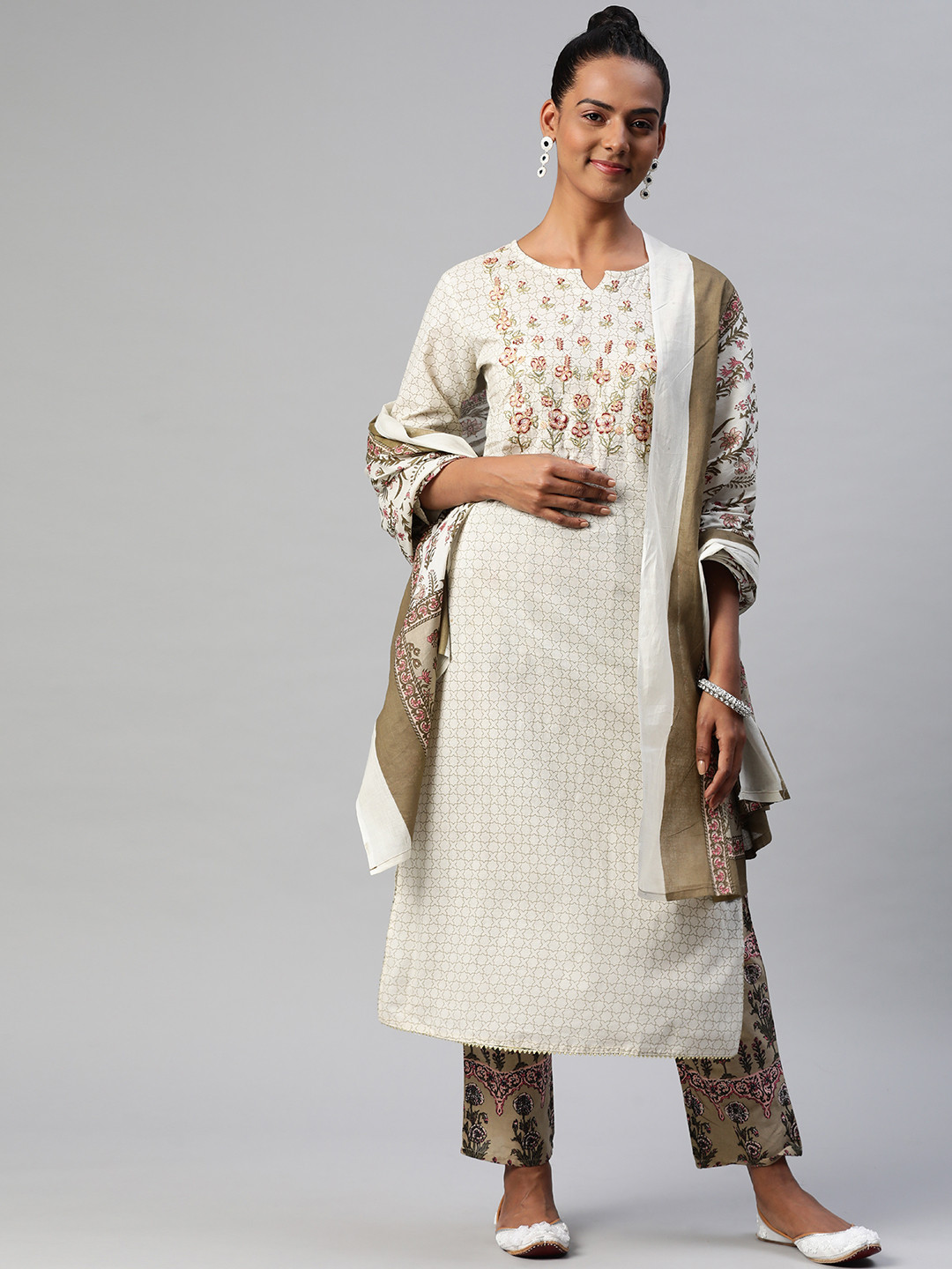 Nirkhi Women Off White Embroidered Thread Work Pure Cotton Kurta with Trousers & With Dupatta