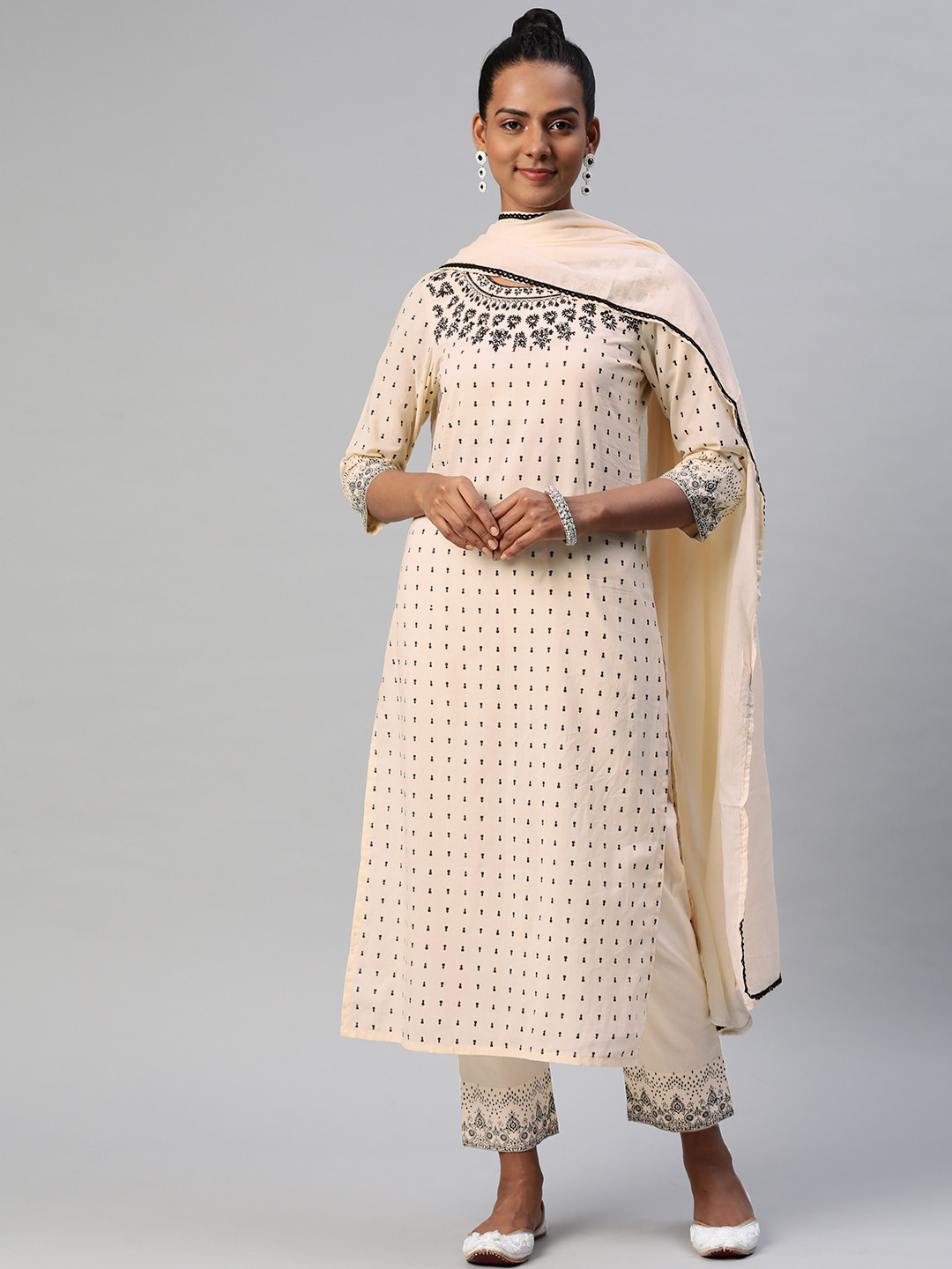 Nirkhi Women Beige Ethnic Motifs Embroidered Thread Work Pure Cotton Kurta with Trousers & With Dupatta