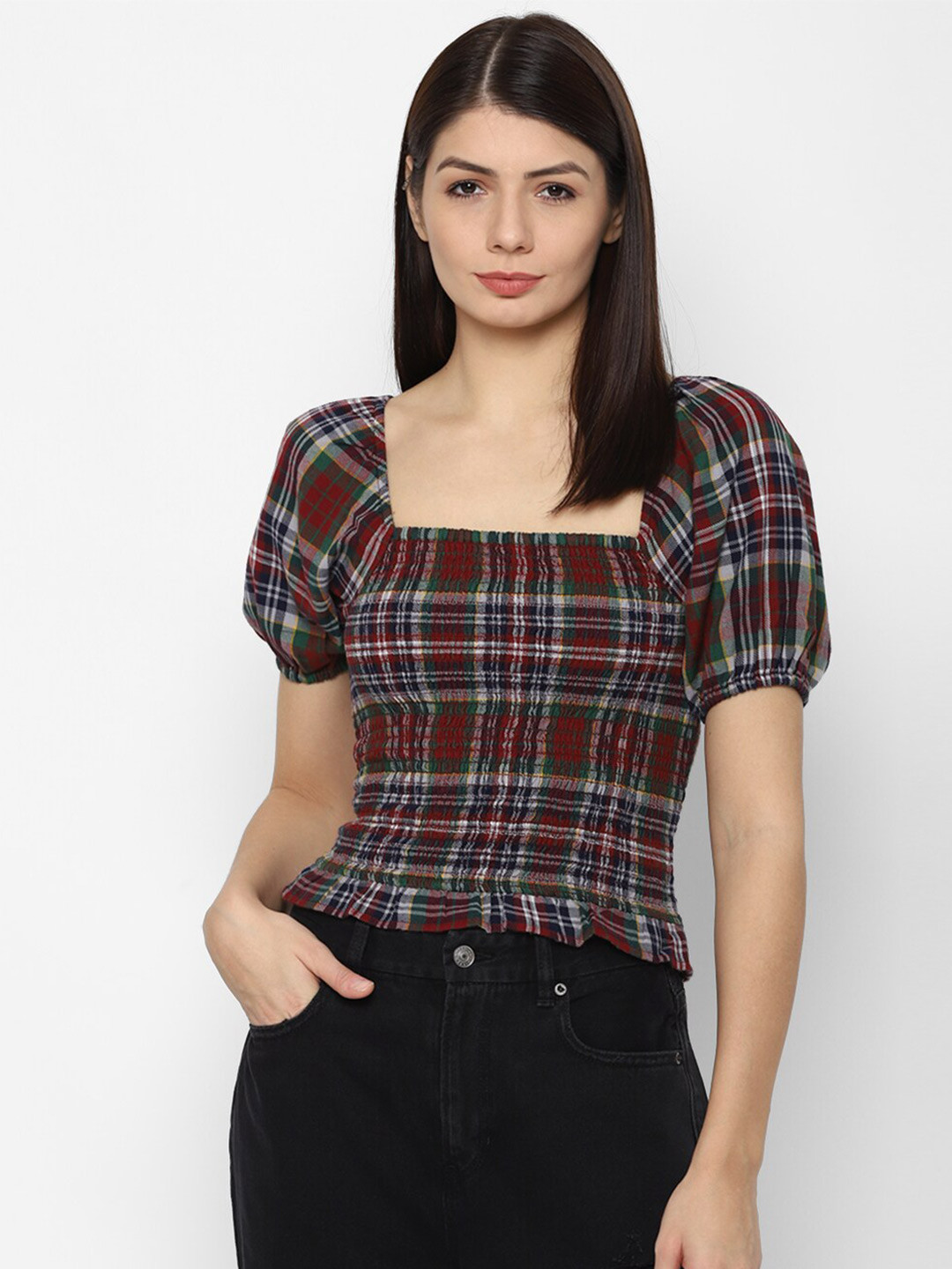 AMERICAN EAGLE OUTFITTERS Red & Green Smocked Checked Crop Top
