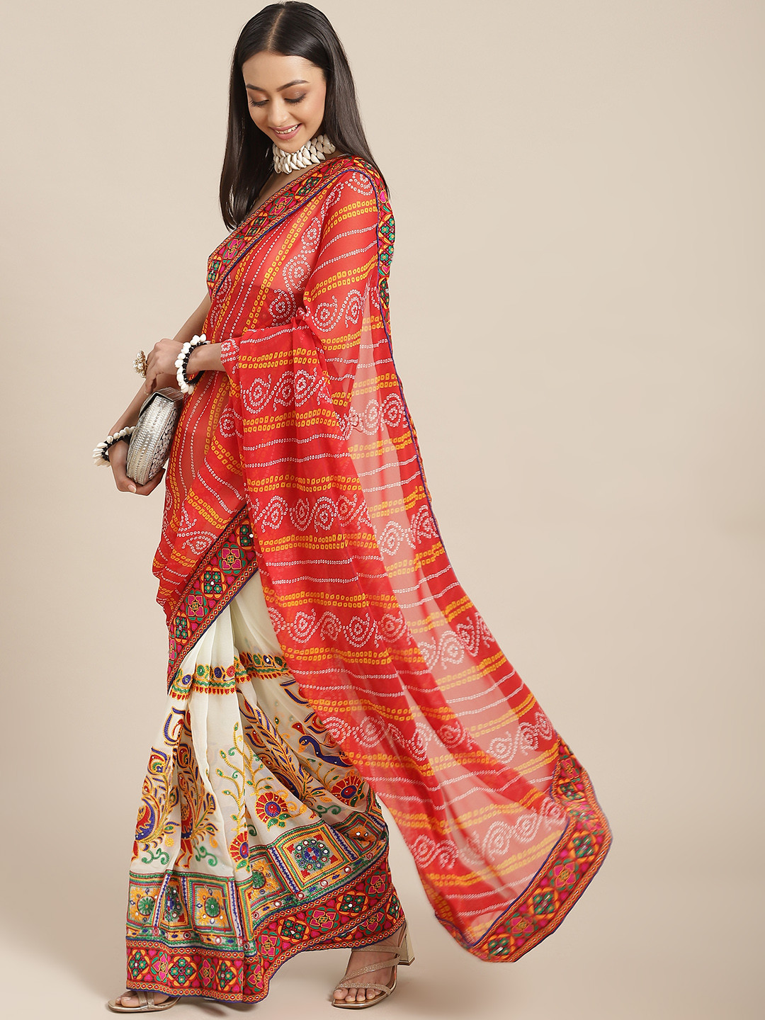 RAJGRANTH Red & White Ethnic Motifs Embroidered Half and Half Bandhani Saree