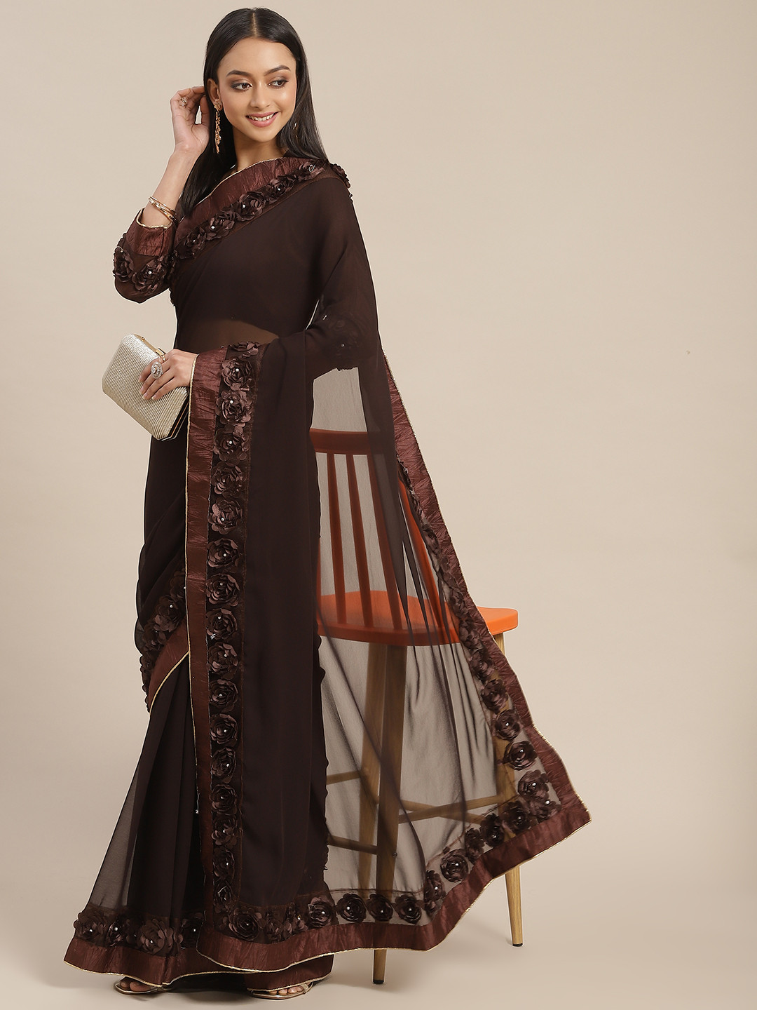RAJGRANTH Brown Beads and Stones Poly Georgette Saree