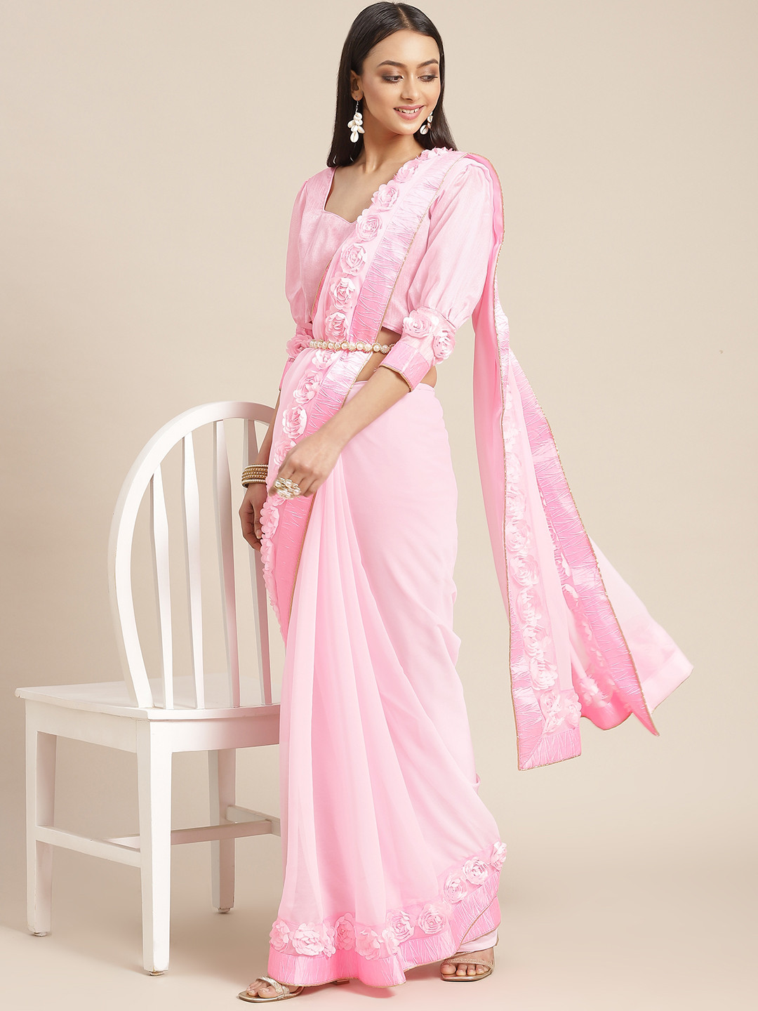 RAJGRANTH Pink Heavy Border Ribbon Stone Work Saree