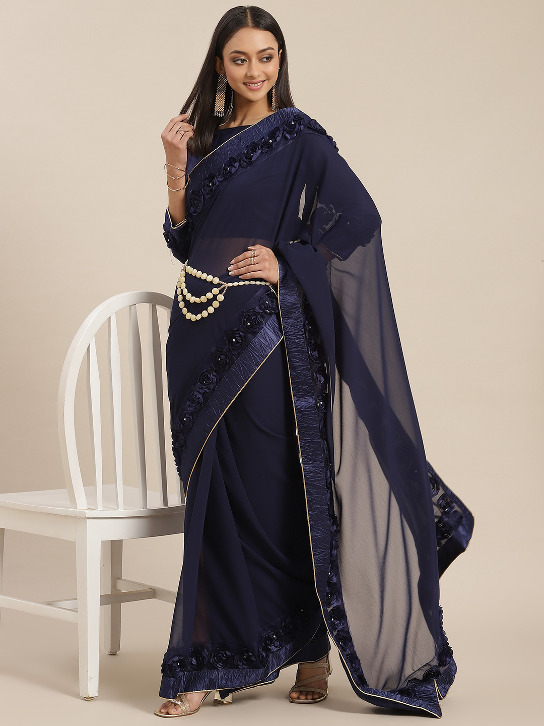 RAJGRANTH Navy Blue Poly Georgette Saree