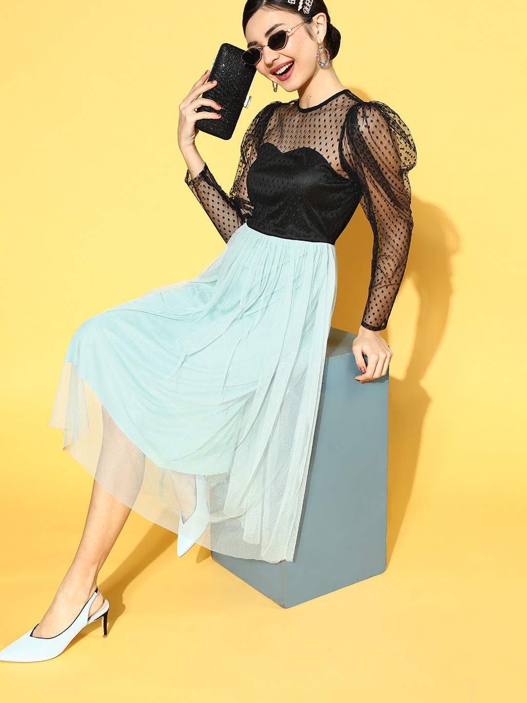 Athena Black & Blue Colourblocked A-Line Midi Dress