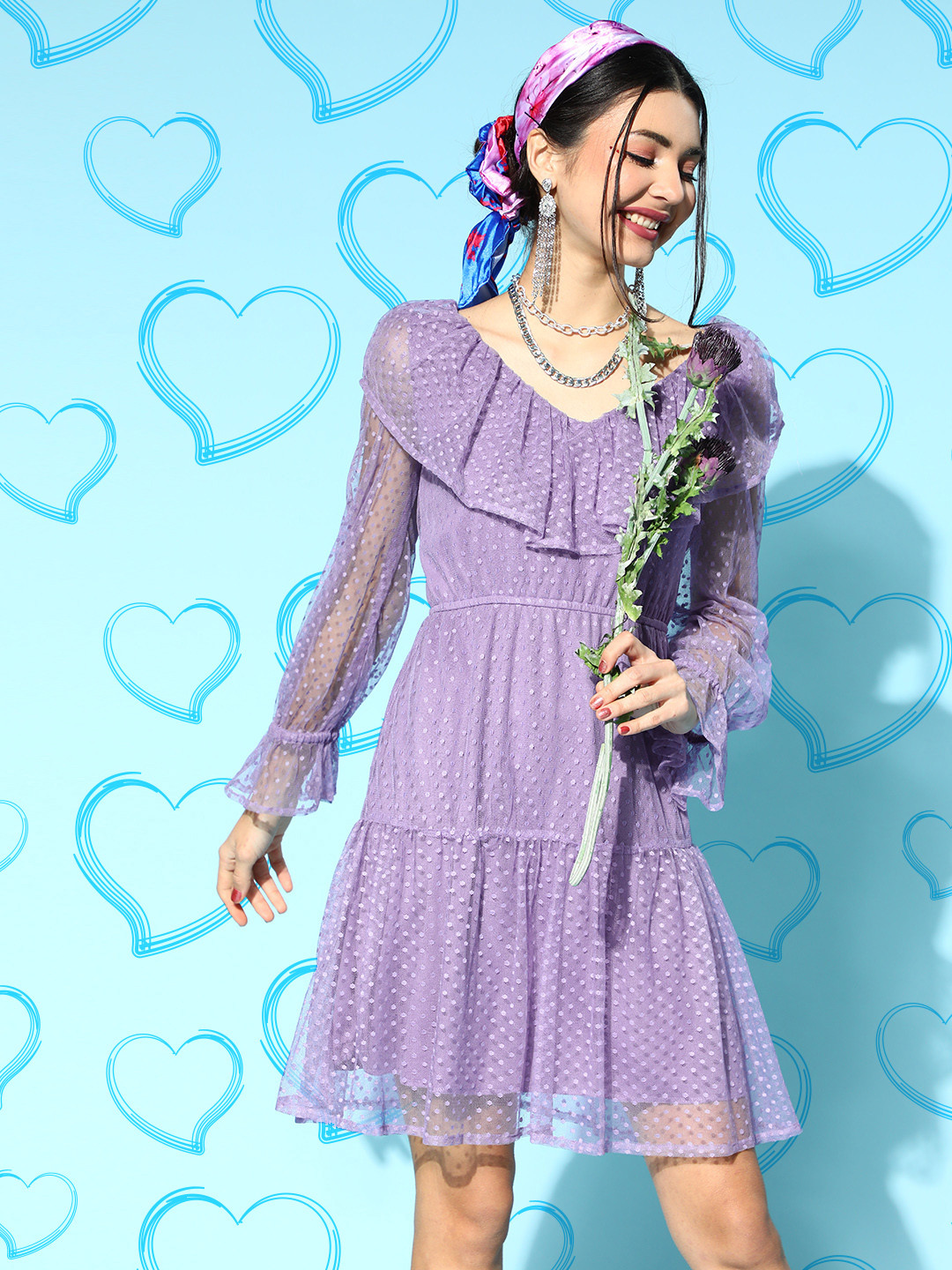 Athena Lavender Self Design Dobby Net A-Line Dress