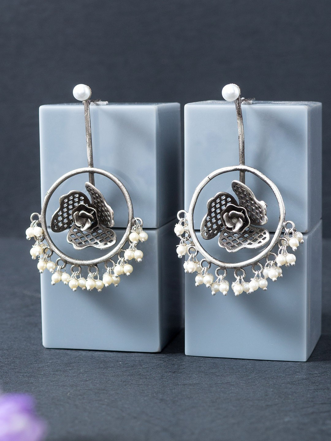 Golden Peacock Oxidised Silver-Toned & Off White Beaded Floral Drop Earrings