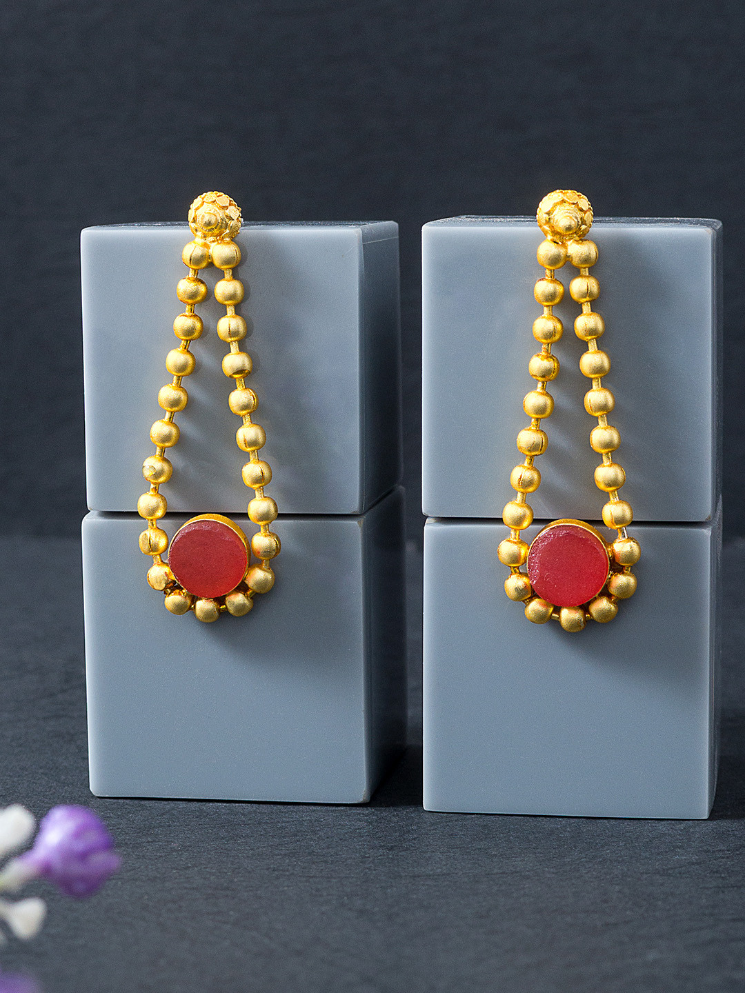 Golden Peacock Gold-Toned & Red Stone Studded & Beaded Contemporary Drop Earrings