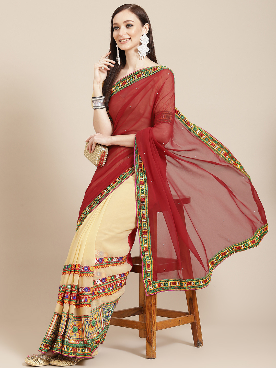 Mitera Cream-Coloured & Red Ethnic Motifs Embroidered Pure Georgette Saree