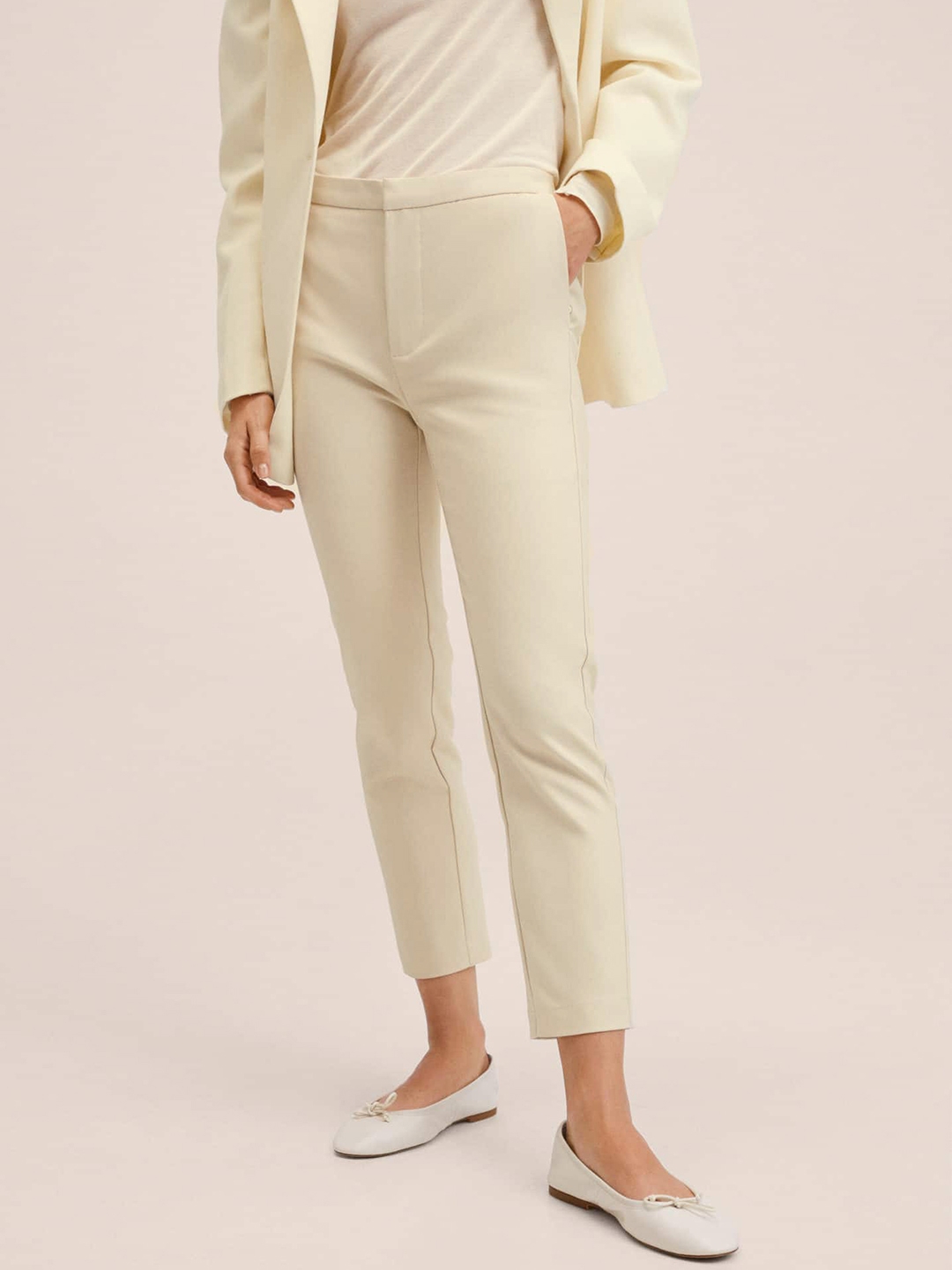 Buy MANGO Women Cream Coloured Solid Trousers -  - Apparel for Women