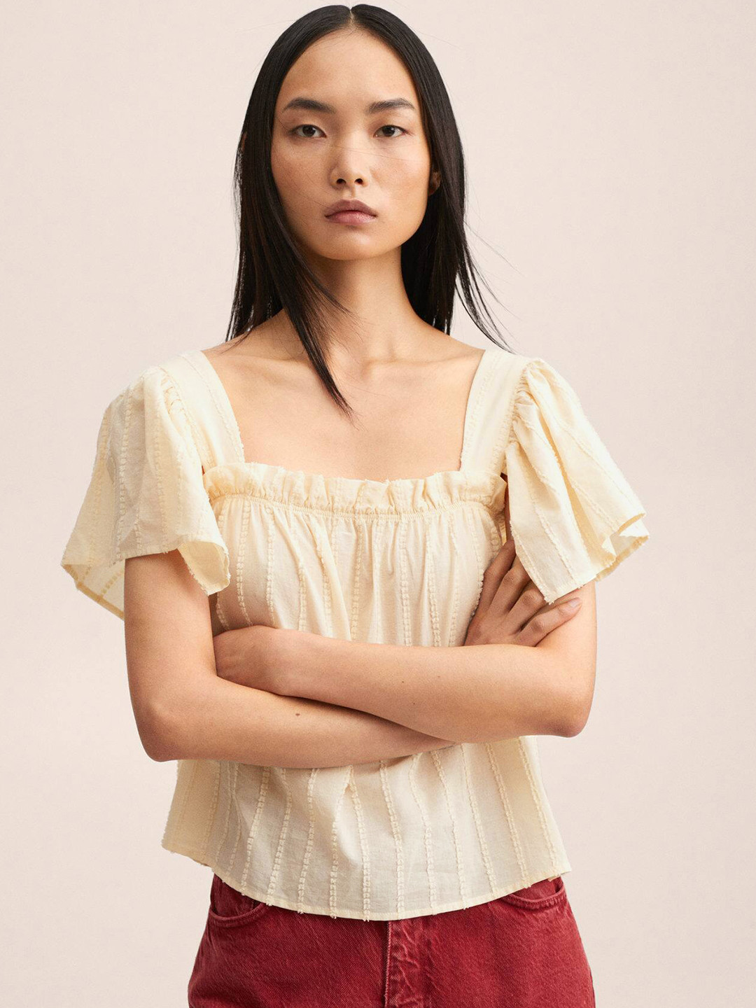 MANGO Women Yellow Pure Cotton Self Design Top