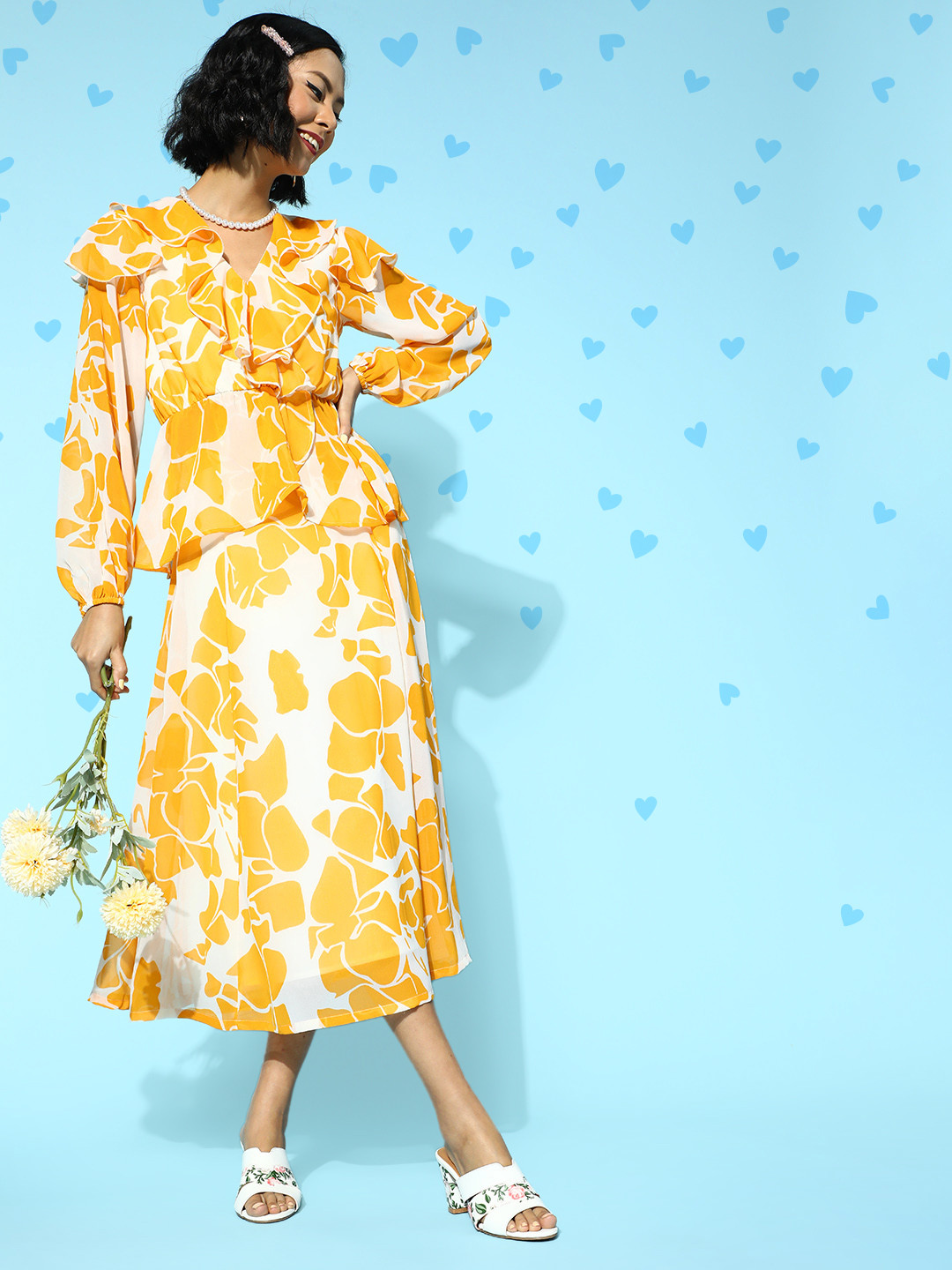 SASSAFRAS Women Lovely Mustard Floral Ruffled Top