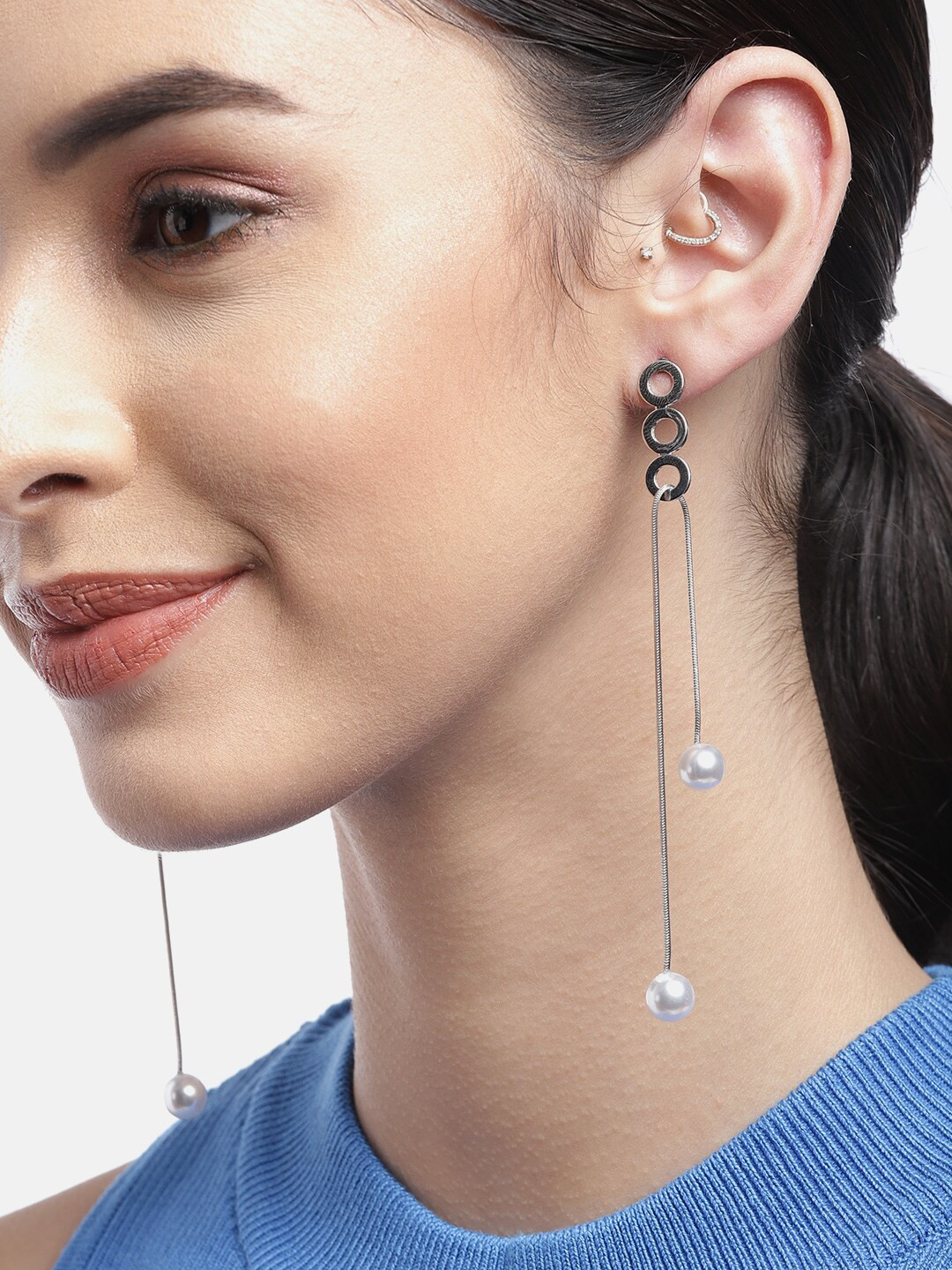 Carlton London Silver-Toned & Off White Beaded Contemporary Drop Earrings