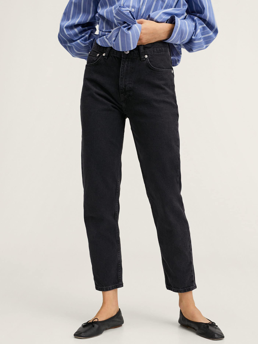 MANGO Women Black Solid Pure Cotton Mom Fit High-Rise Jeans