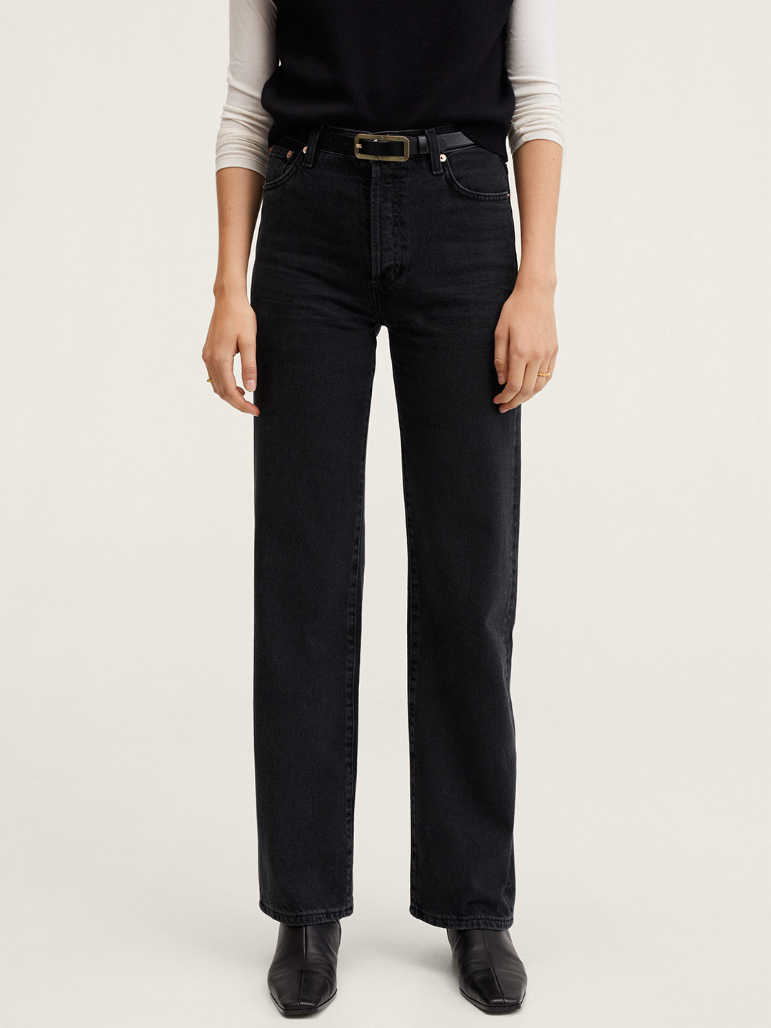MANGO Women Black Pure Cotton Straight Fit High-Rise Jeans