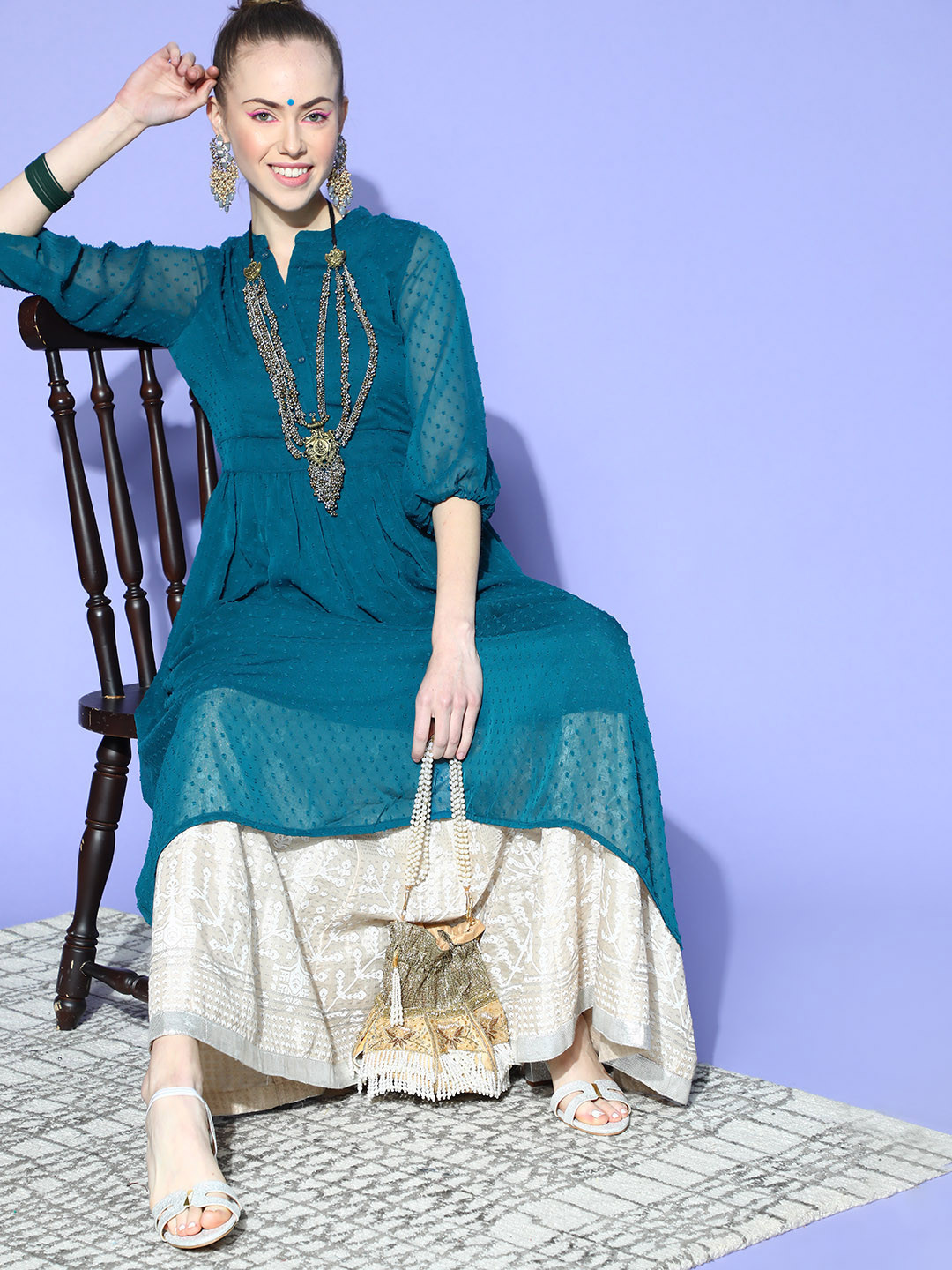 Janasya Tranquil Teal Woven Design Dobby Weave Kurta