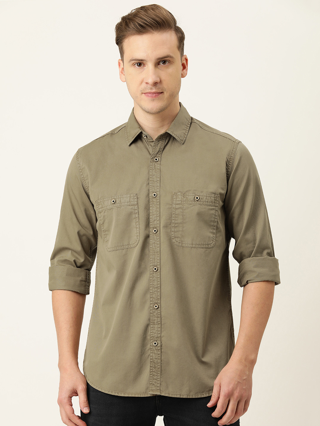 IVOC Men Khaki Solid Casual Shirt