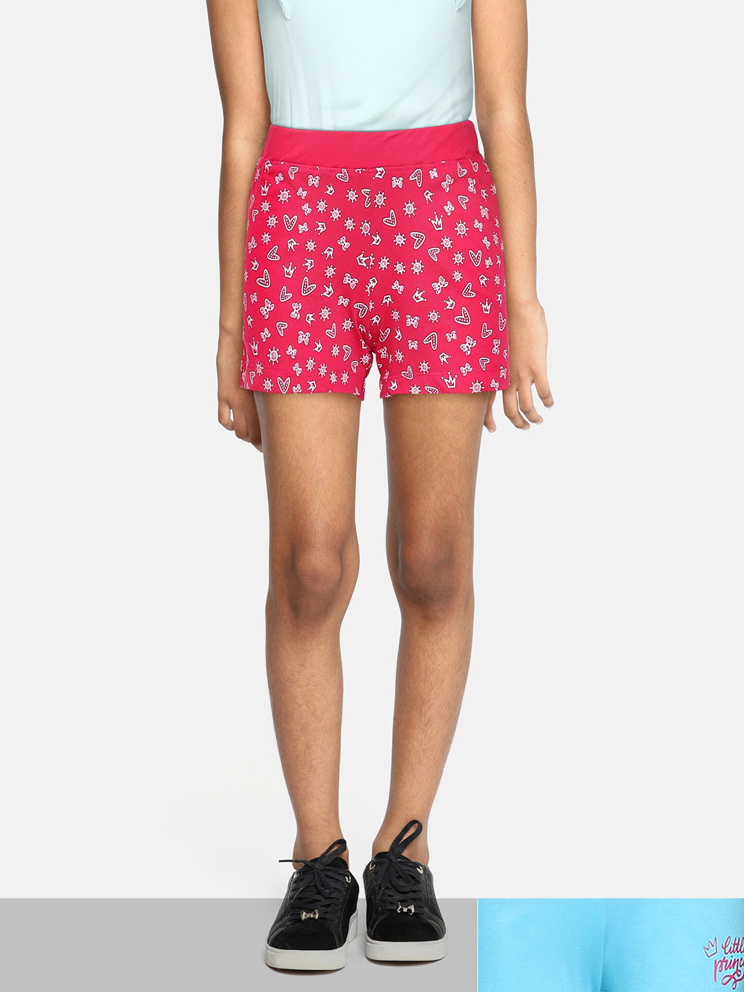 Eteenz Girls Pack of 2 Printed Pure Cotton Shorts in Blue & Magenta