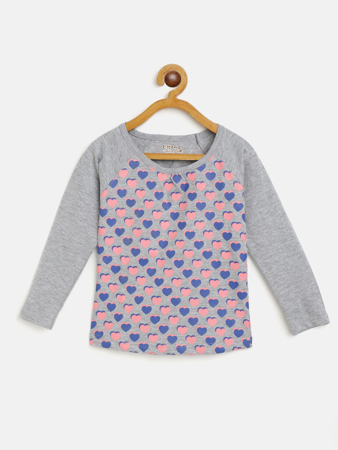 Eteenz Girls Grey Melange & Blue Cotton Heart Printed T-shirt
