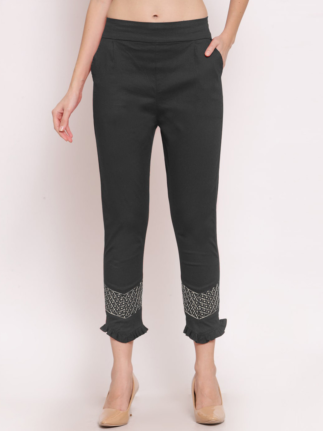 KLOTTHE Women Charcoal Embroidered Smart Slim Fit Trousers