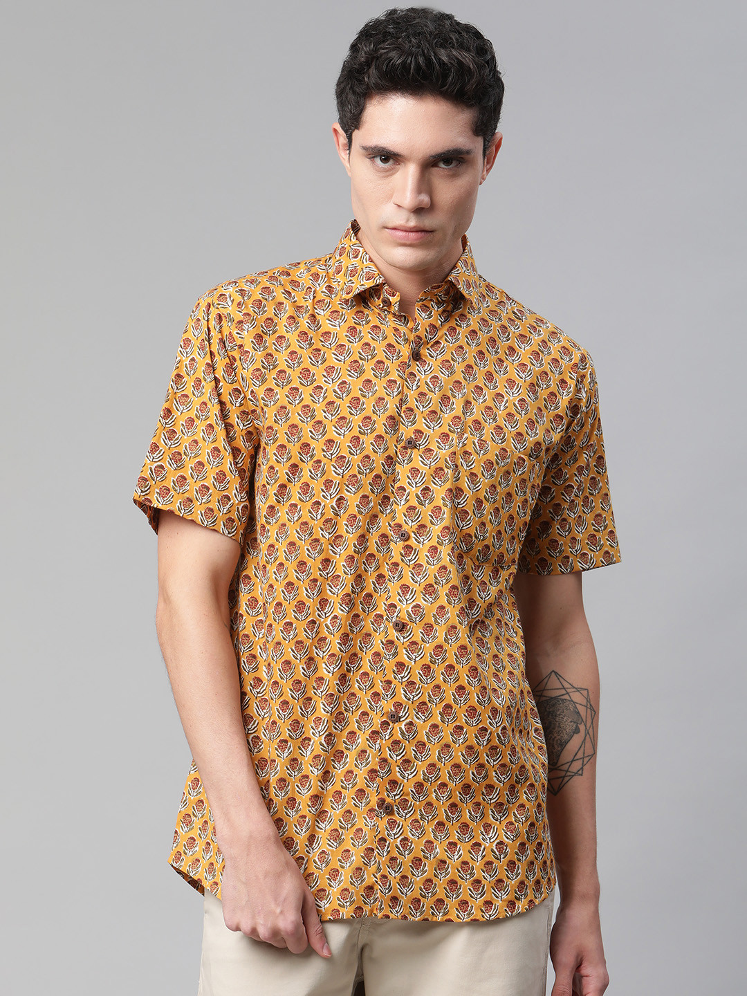 MILLENNIAL MEN Mustard Yellow Comfort Printed Casual Shirt