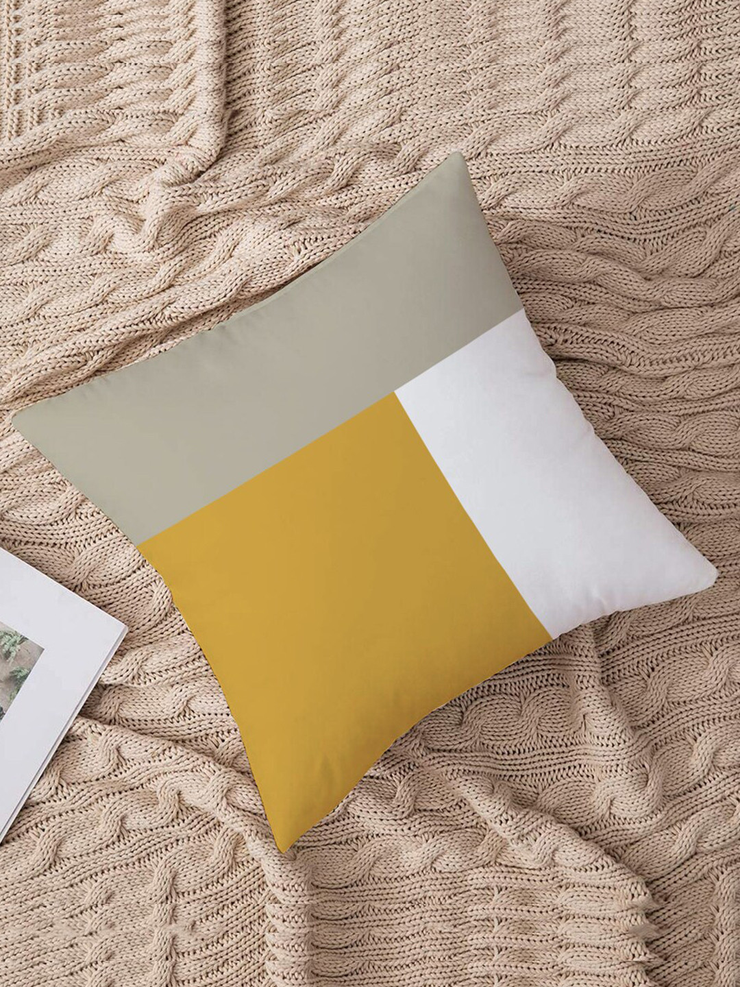 STITCHNEST Light-Weight Yellow Colourblocked Cotton Square Cushion Cover -16x16In