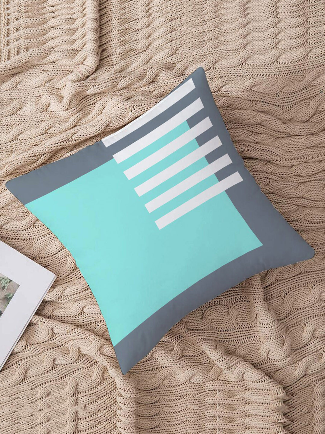 STITCHNEST Sea Green Colourblocked Cotton Lightweight Square Cushion Cover -21.7x21.7In