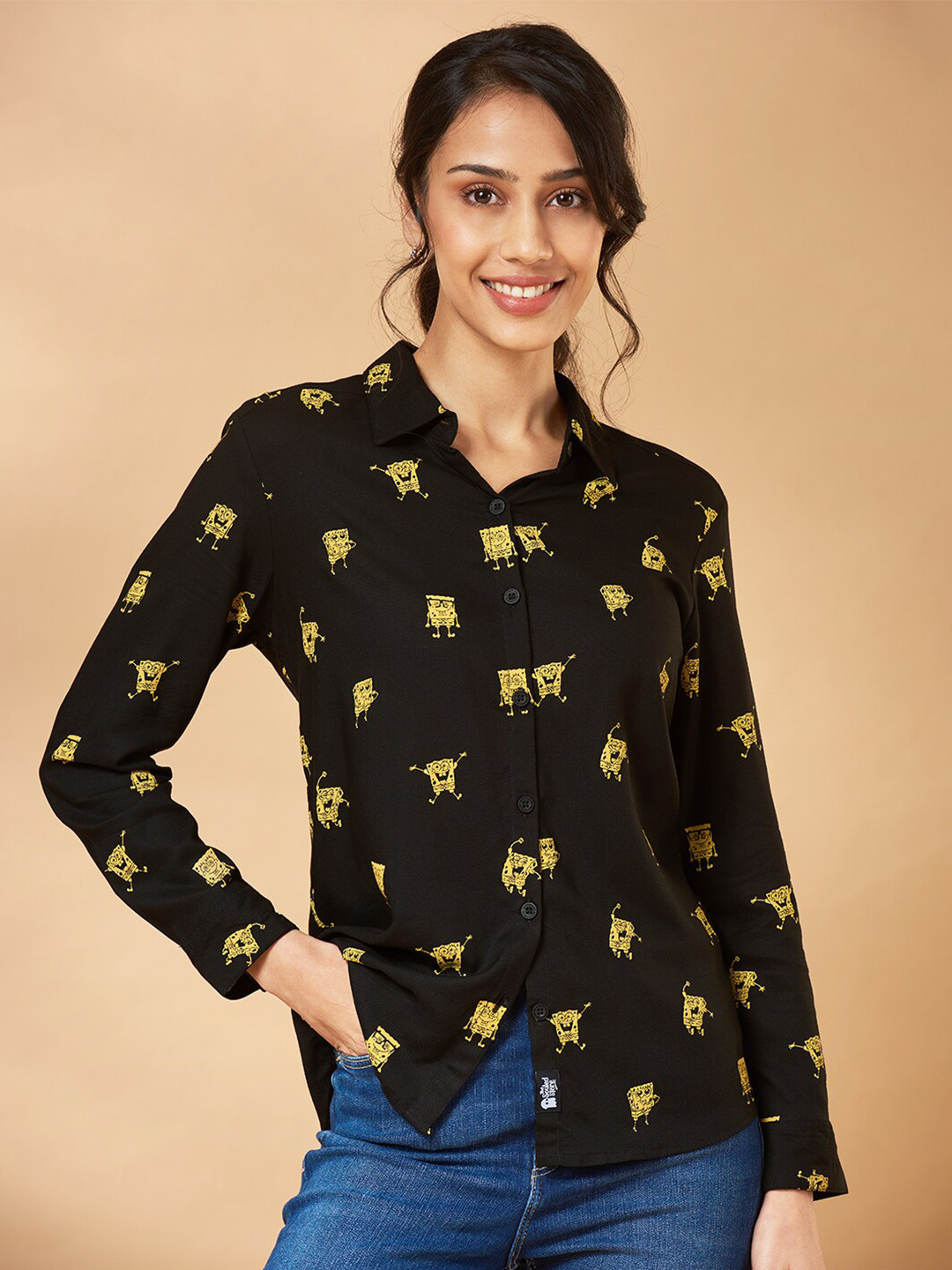 The Souled Store Woman Black Sponge bob Printed Casual Shirt
