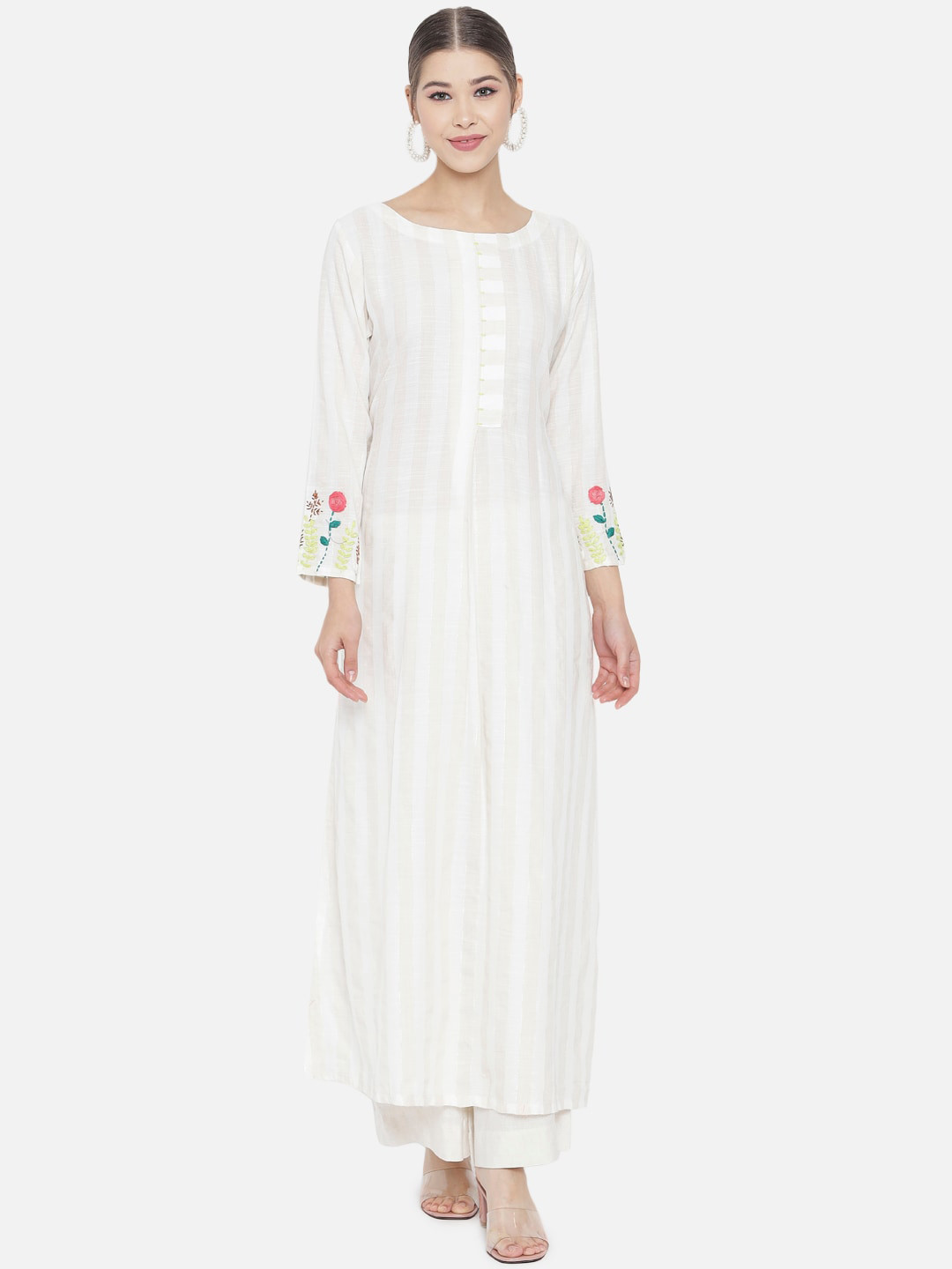 RAISIN Women Off White Striped Thread Work Kurta with Palazzos