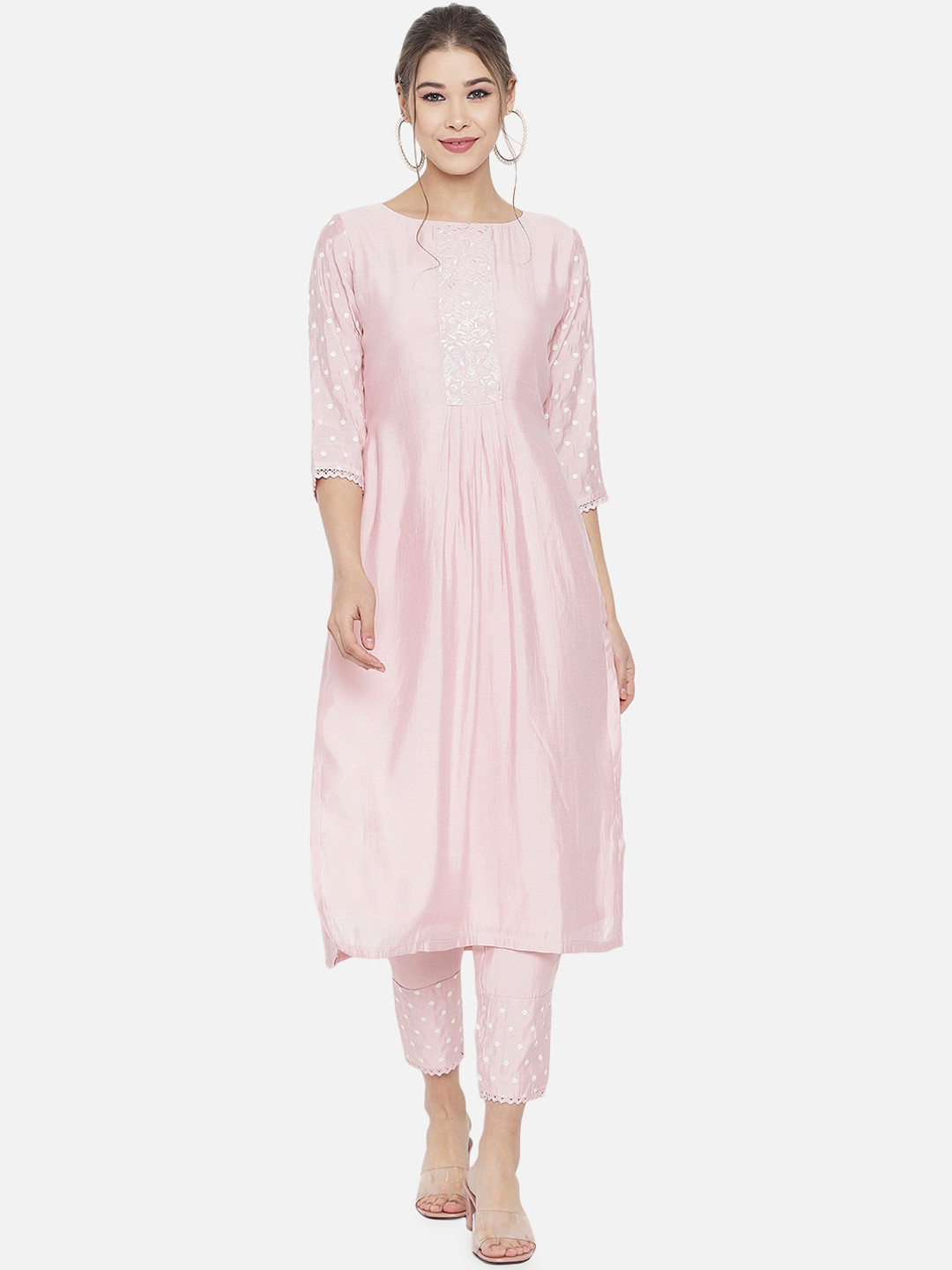 RAISIN Women Pink Yoke Embroidered Pleated Kurta with Trousers