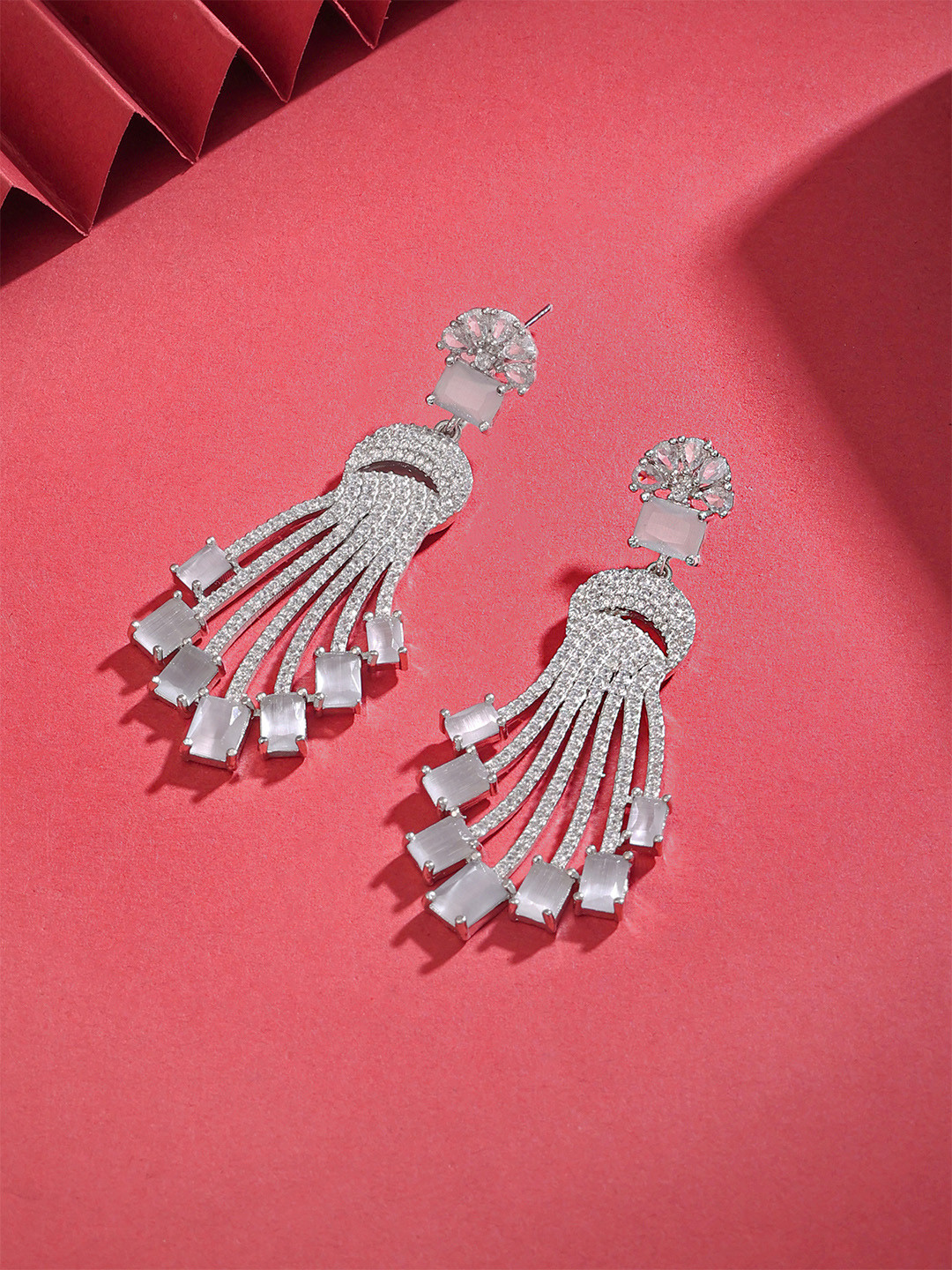 Yellow Chimes Rhodium-Plated Silver-Toned & White Contemporary Drop Earrings