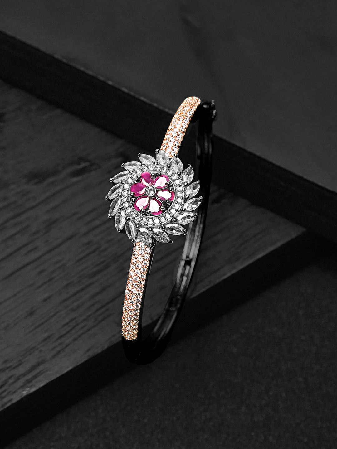 Yellow Chimes Women Silver Toned & Pink American Diamond Rhodium-Plated Bangle Bracelet