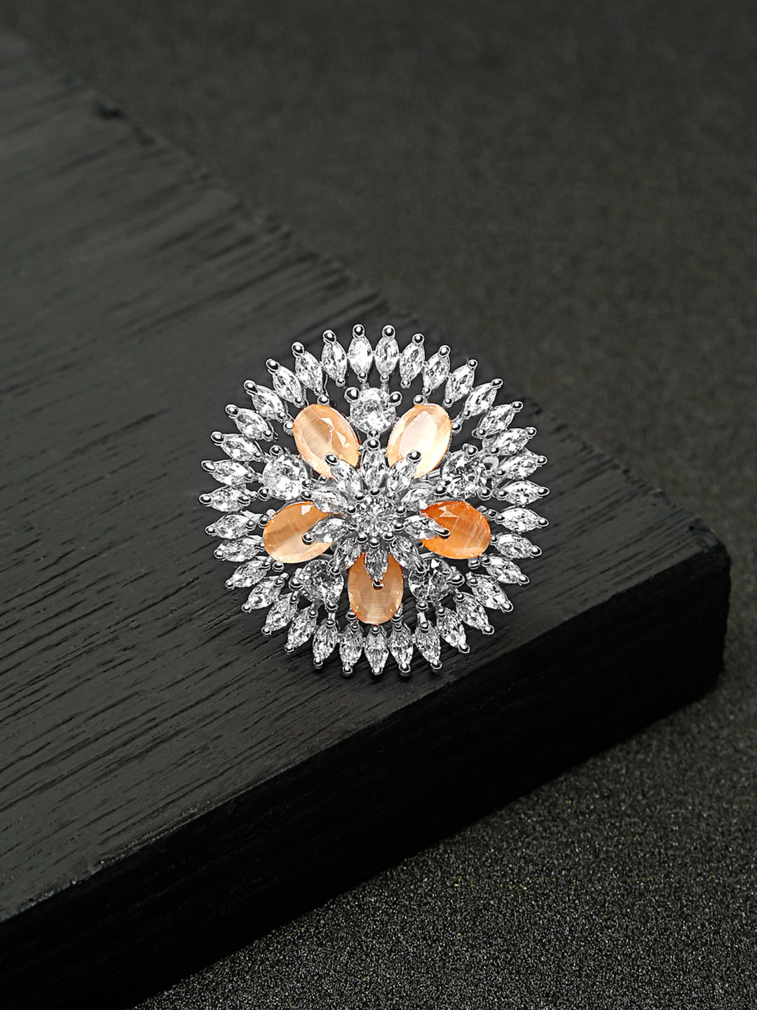 Yellow Chimes Rhodium-Plated Silver-Toned & White AD-Studded Floral Finger Ring