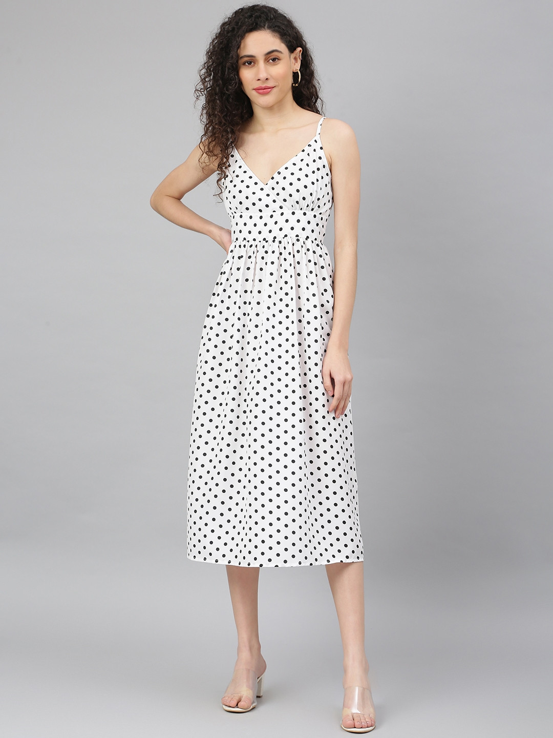 VARUSHKA Black & White Polka Dots Crepe Midi Overlap Dress