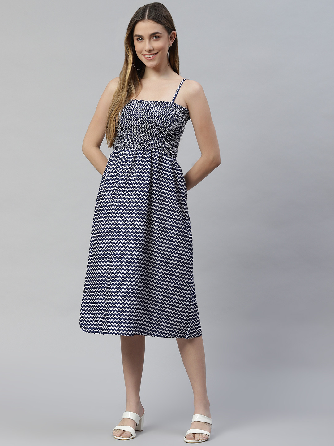 VARUSHKA Blue & White Crepe Midi Dress