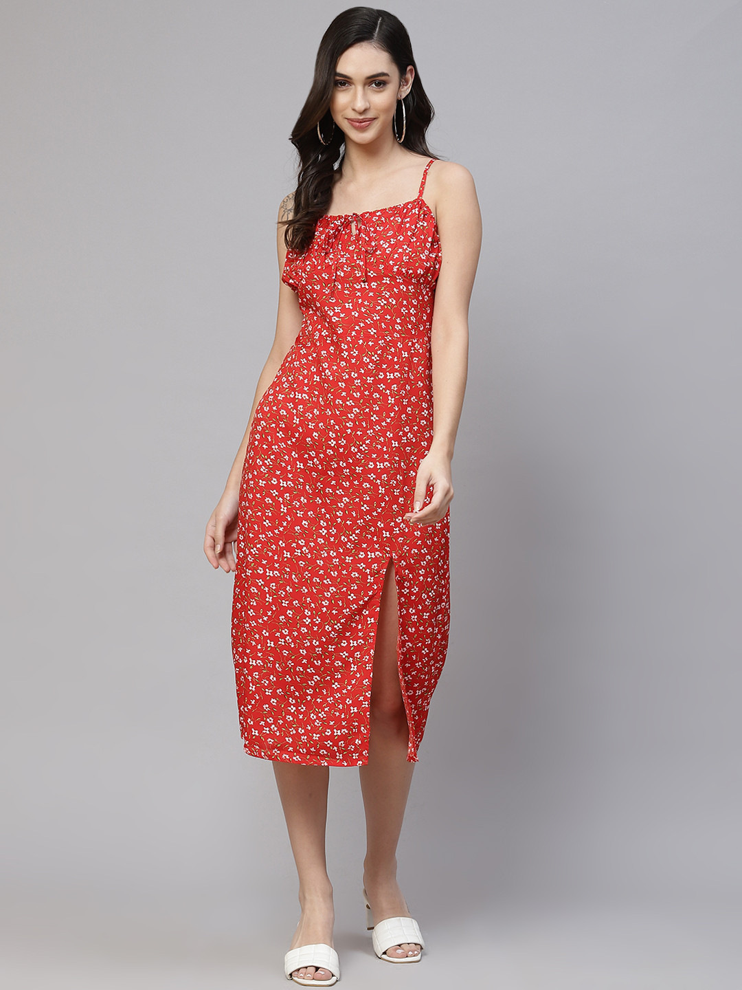 VARUSHKA Red & White Floral Crepe Sheath Midi Dress